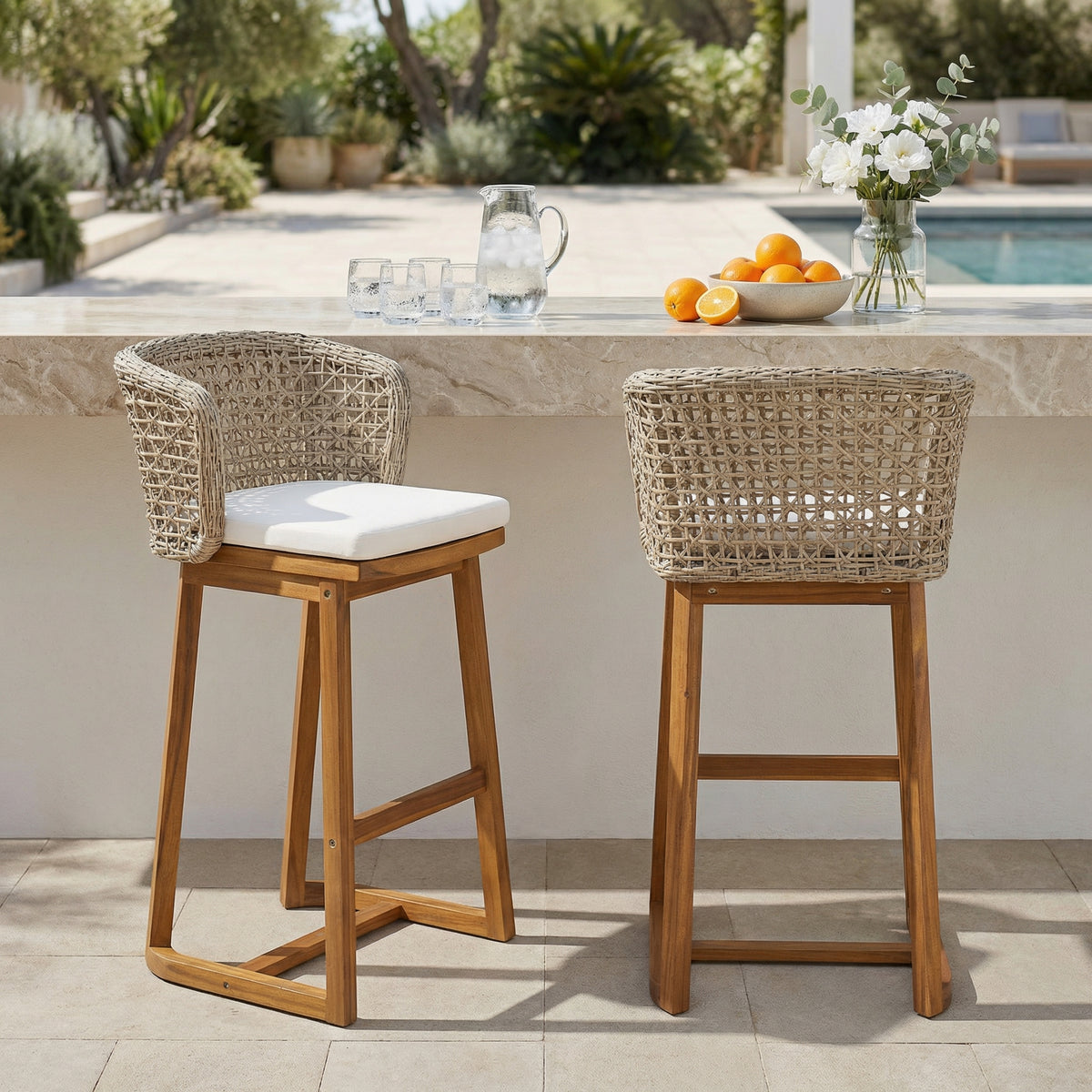 Teak Finish Solid Wood Outdoor Bar Stool with Beige Cushions, Set of 2