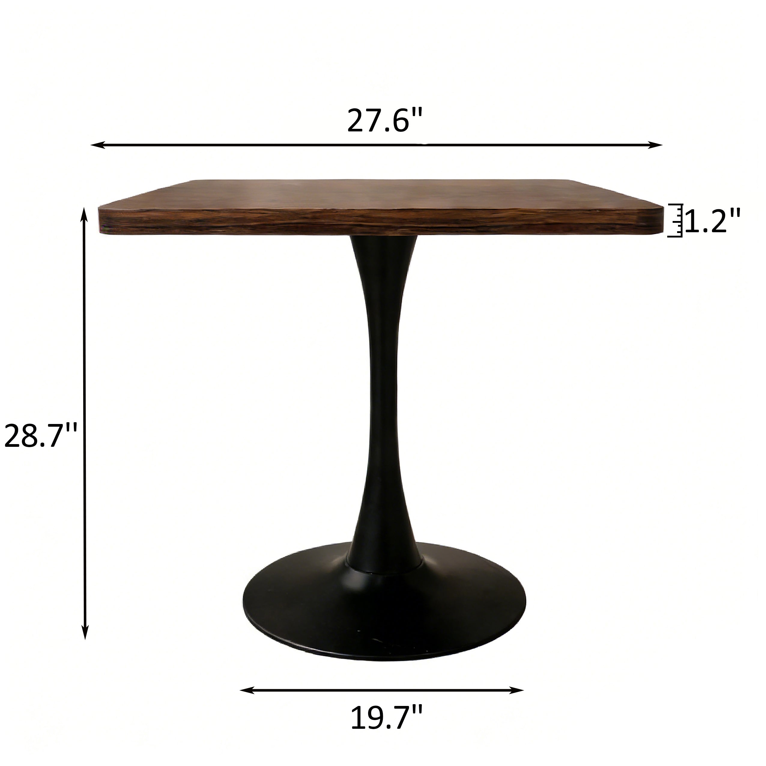 Dimension diagram of the walnut square tulip dining table showing 27.6 inch top, 28.7 inch height, 19.7 inch base