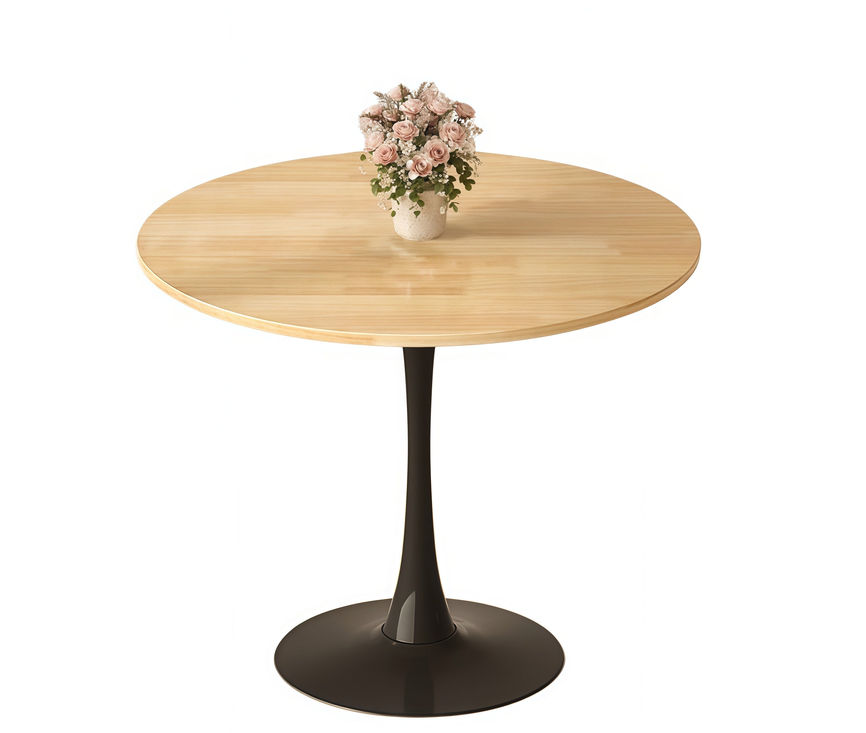Natural wood round bistro table with black pedestal and pink flowers on a plain white studio background