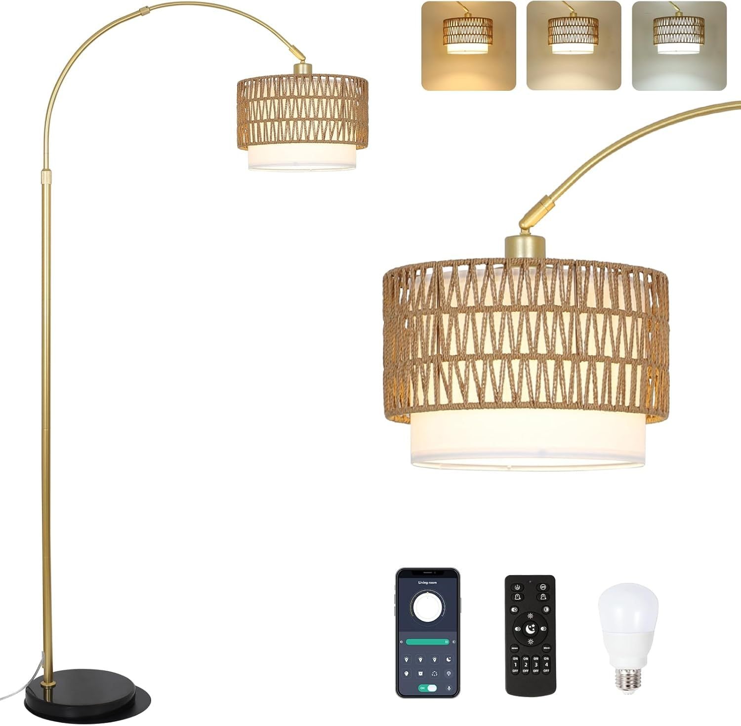 Rattan Arc Floor Lamp with Linen Shade, Dimmable, Gold