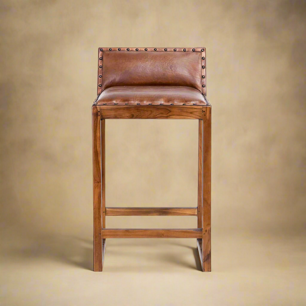 forward shot of genuine leather counter stool with 25 inch seat height for 36 inch counter with solid wood frame