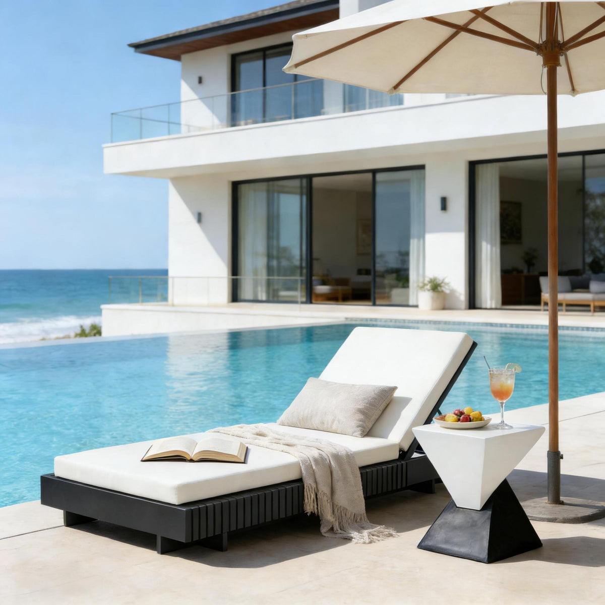 Dark Gray Solid Wood Outdoor Chaise Lounge, Cream Cushion