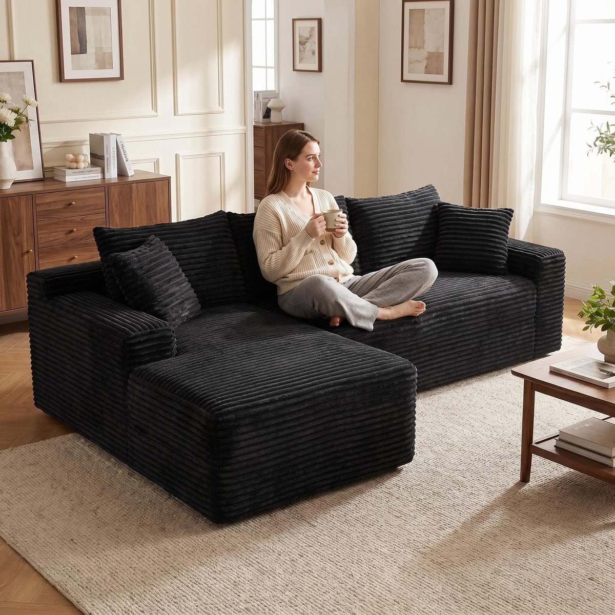 Black Corduroy L-Shaped Modular Sectional, 94.5 in Wide, Left-Facing