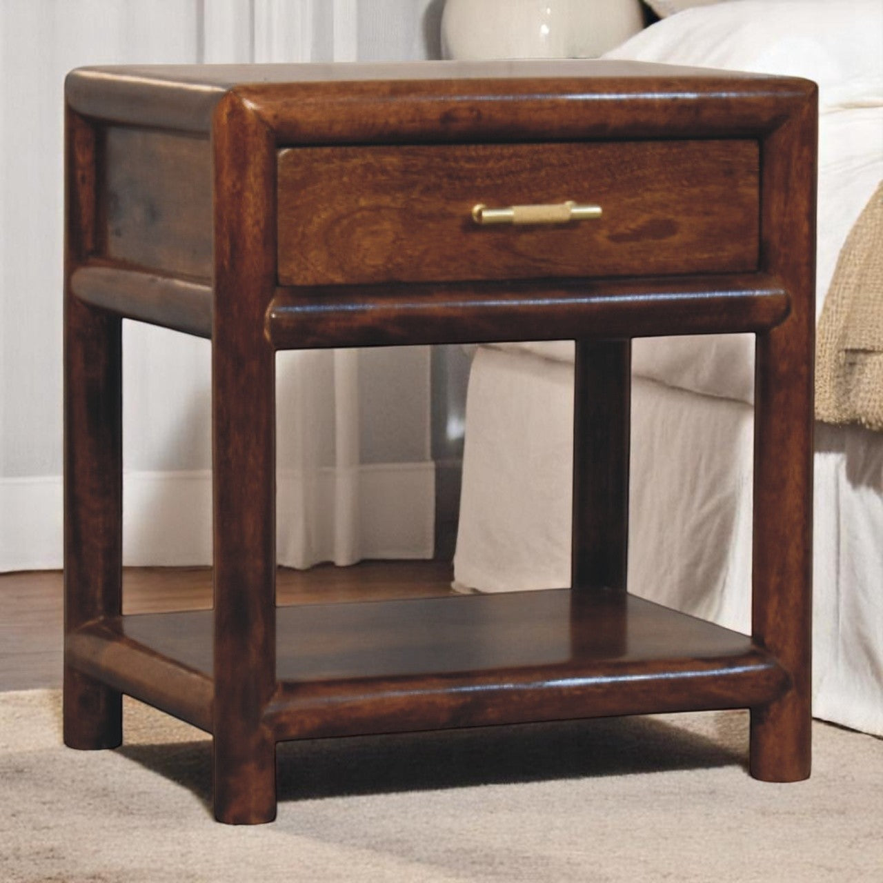 Solid Mango Wood Nightstand, 1 Drawer, Chestnut Finish