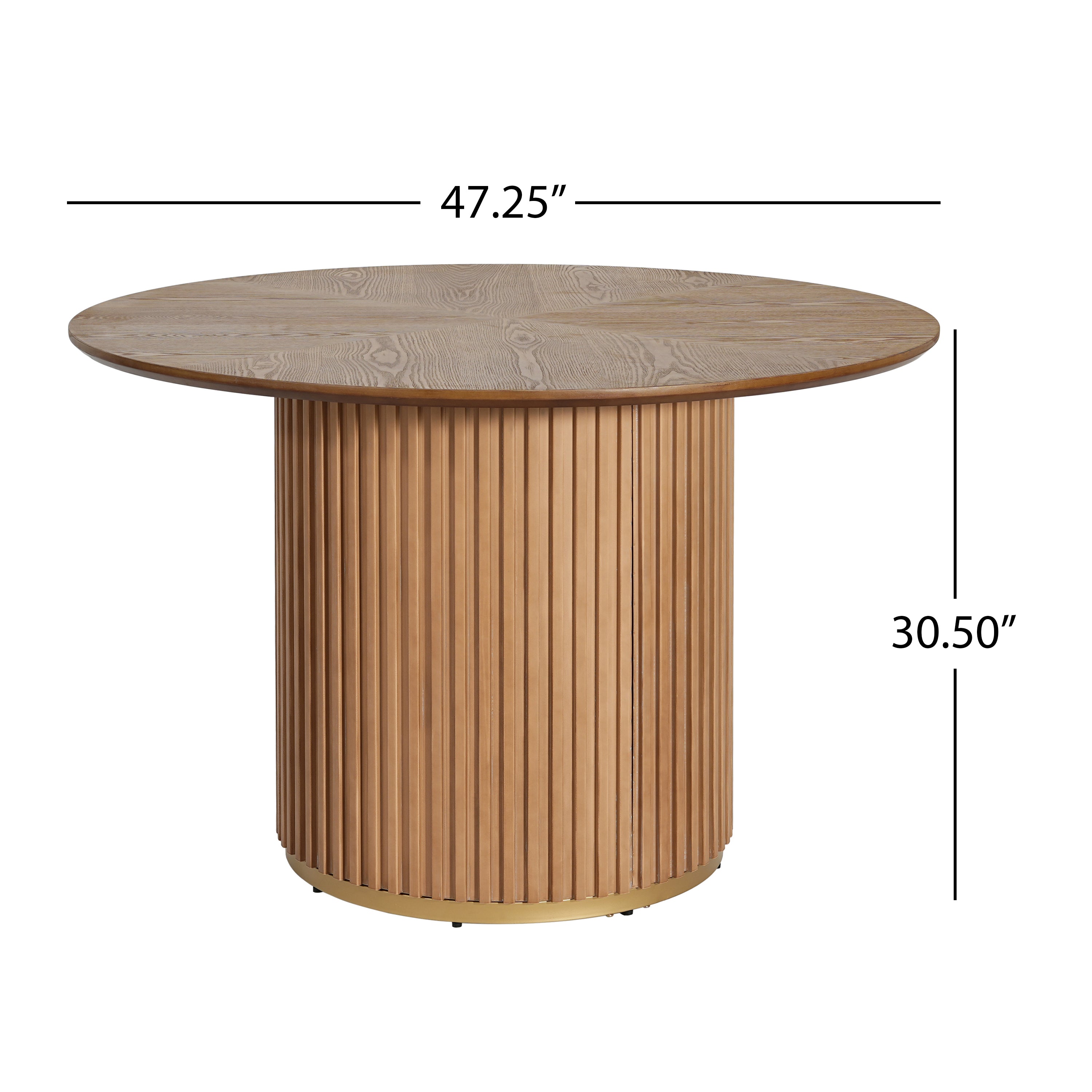 Dimension diagram of the round oak pedestal dining table showing 47.25 inch width and 30.50 inch height