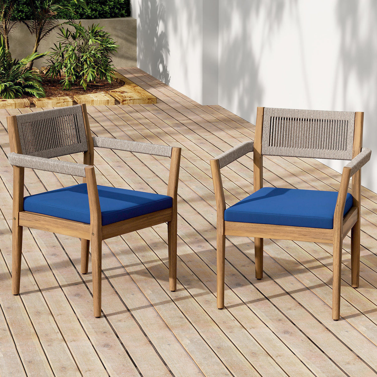 Teak Finish Solid Wood Outdoor Dining Chair, Set of 2, Rope Weave