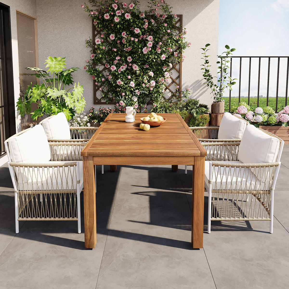 Natural Wicker 5-Piece Patio Dining Set for 4 with Cushions