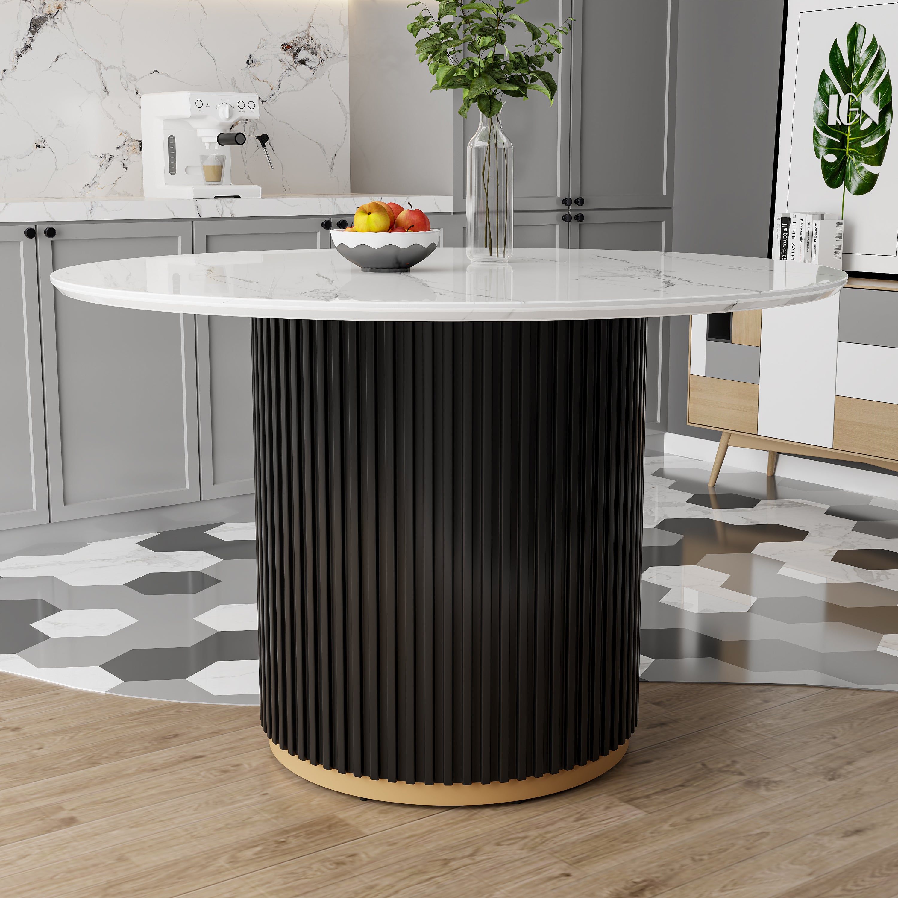Front view of white faux marble round table with black fluted base and gold ring in a kitchen