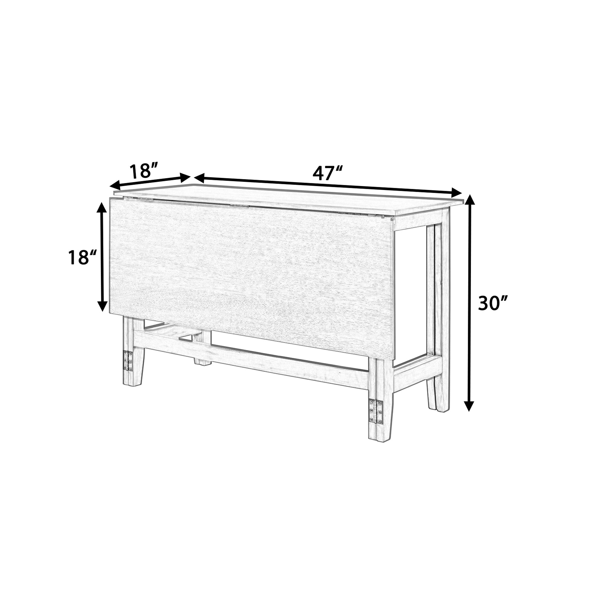Dimension line drawing of the drop-leaf table, 47 inch length, 18 inch leaf, 30 inch height