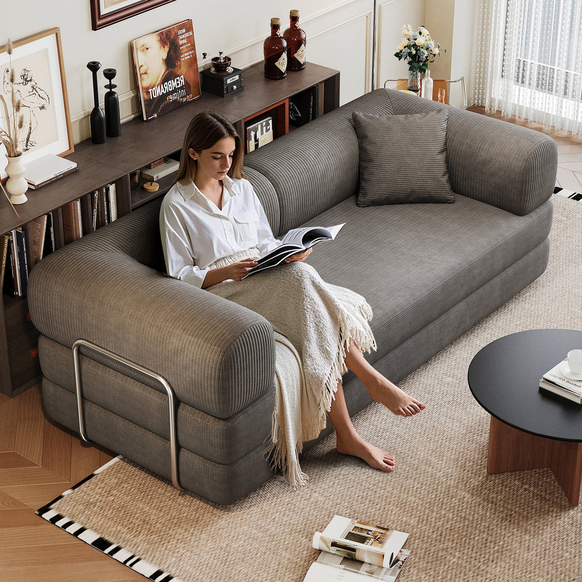 Gray Corduroy Modular Sleeper Sectional, No Assembly, 78.8 in Wide