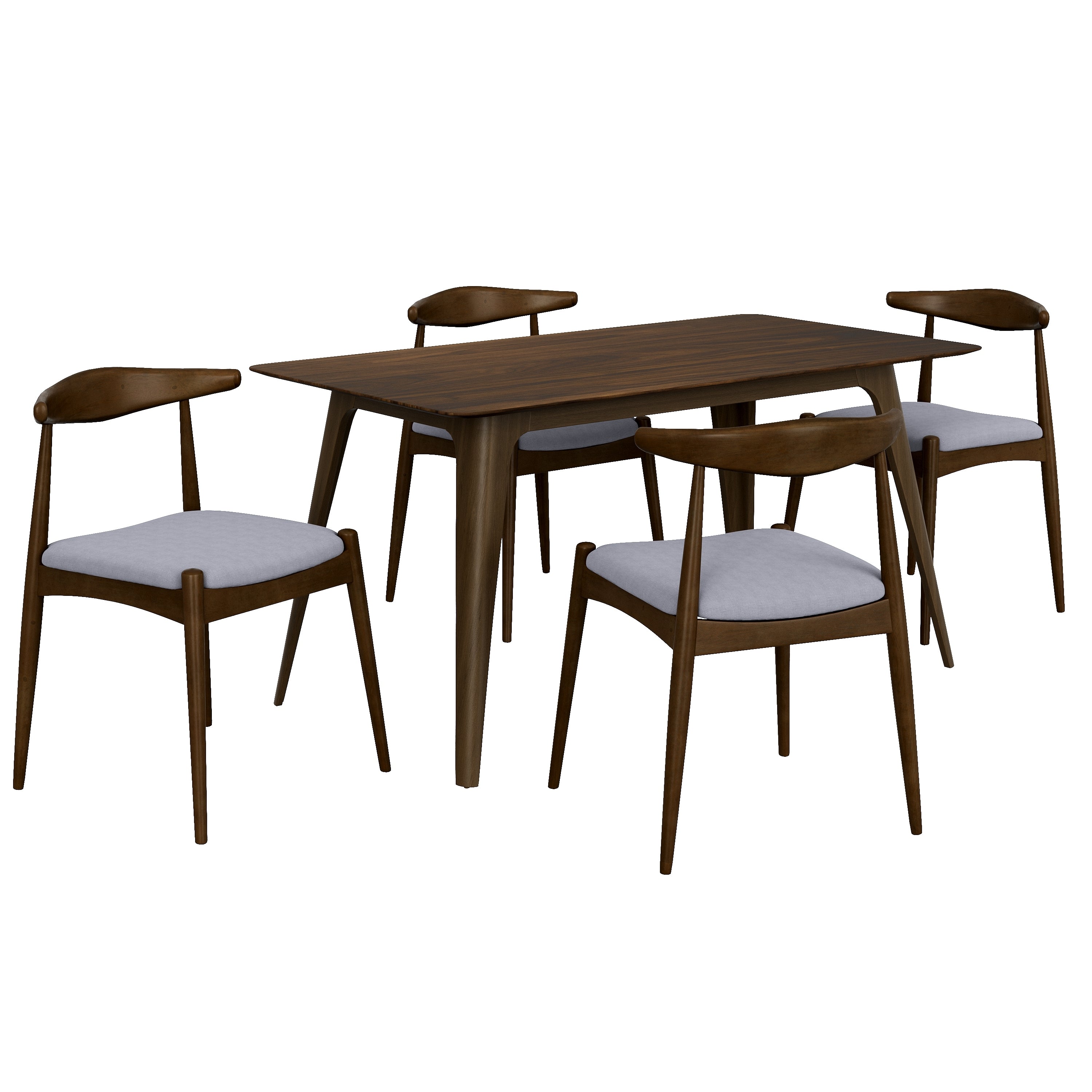 5-Piece Mid-Century Dining Set, Walnut Table and 4 Gray Chairs