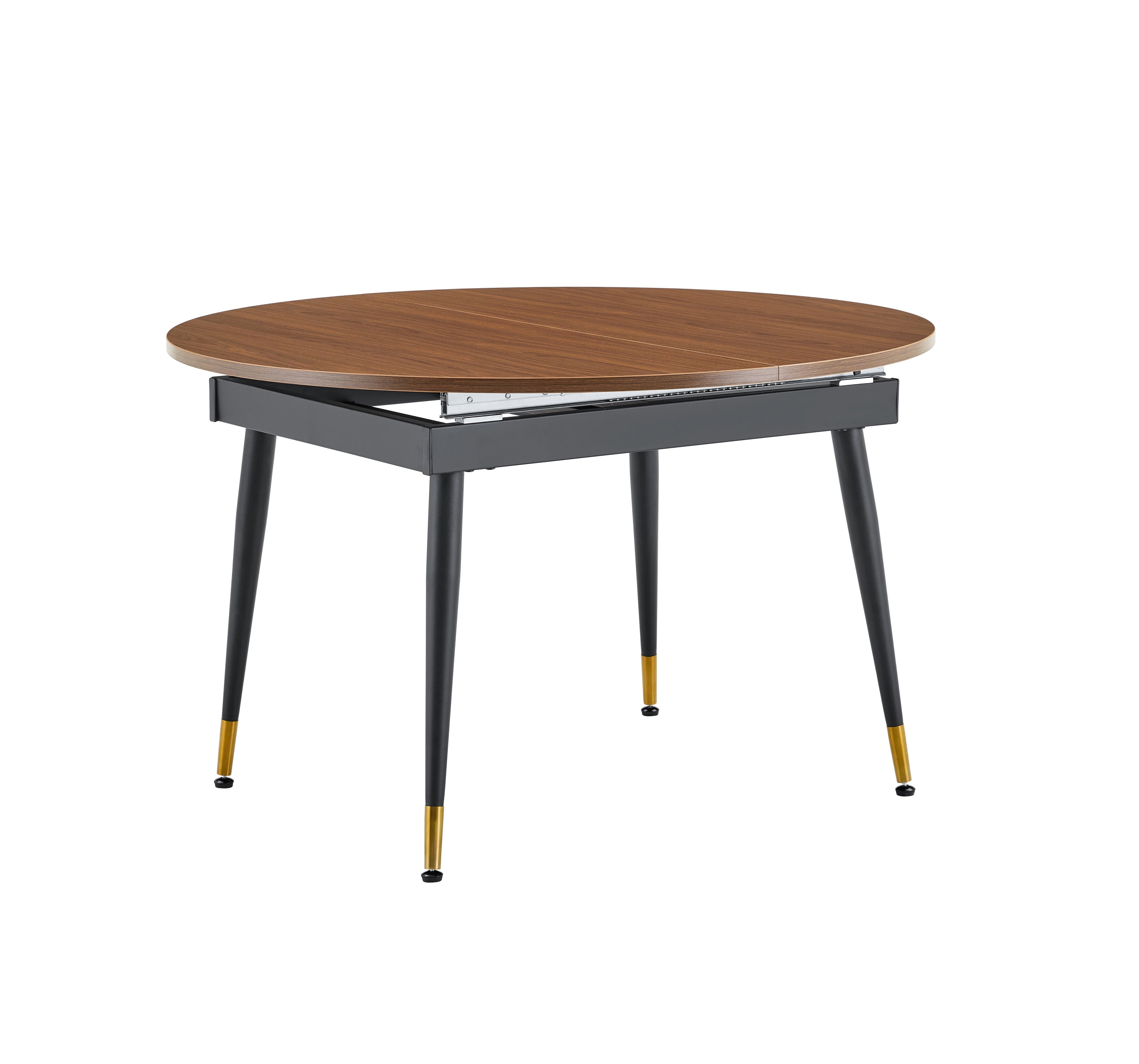 Overhead studio view of the closed walnut tabletop showing wood grain