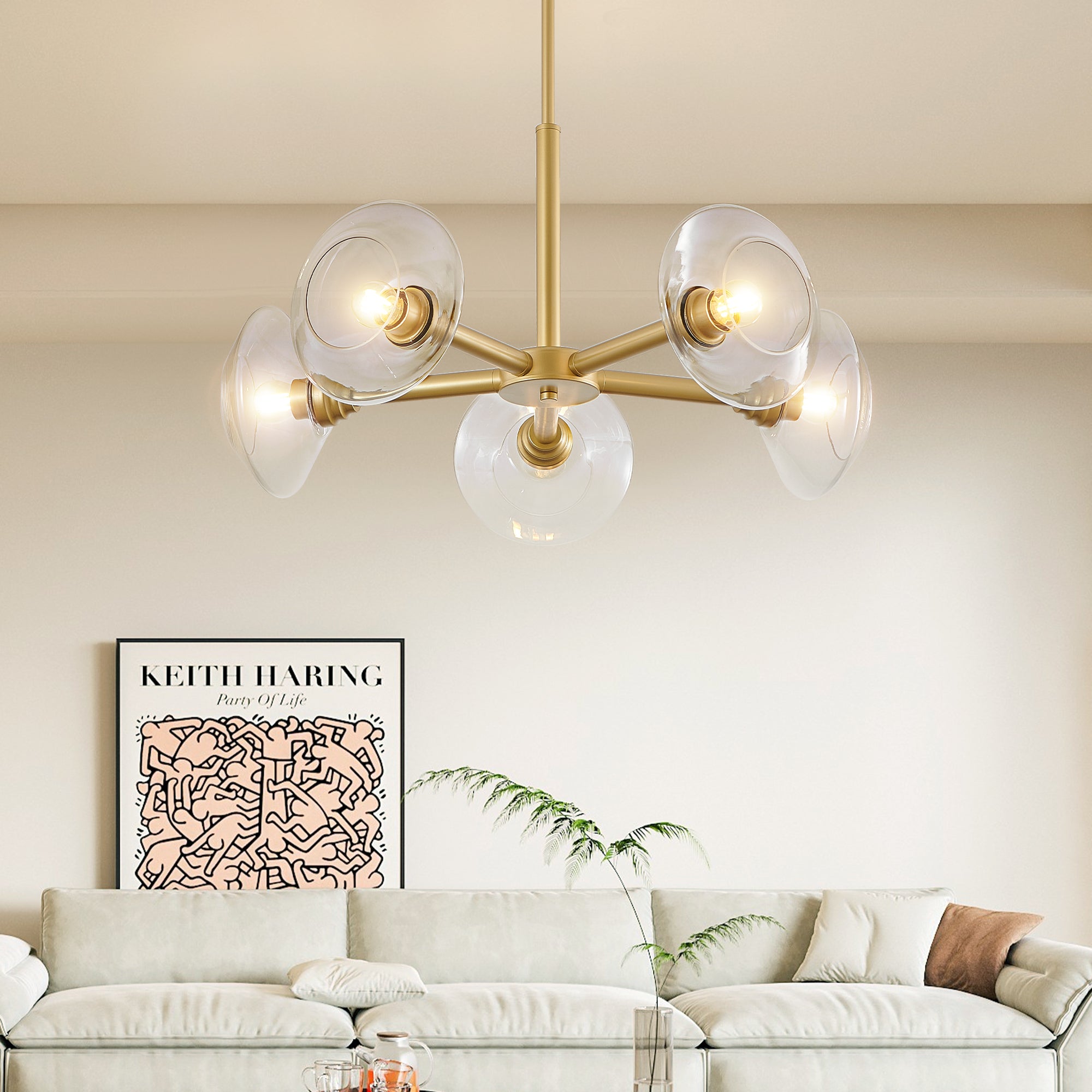 Sputnik Chandelier with Glass Shades, 5-Light, Gold