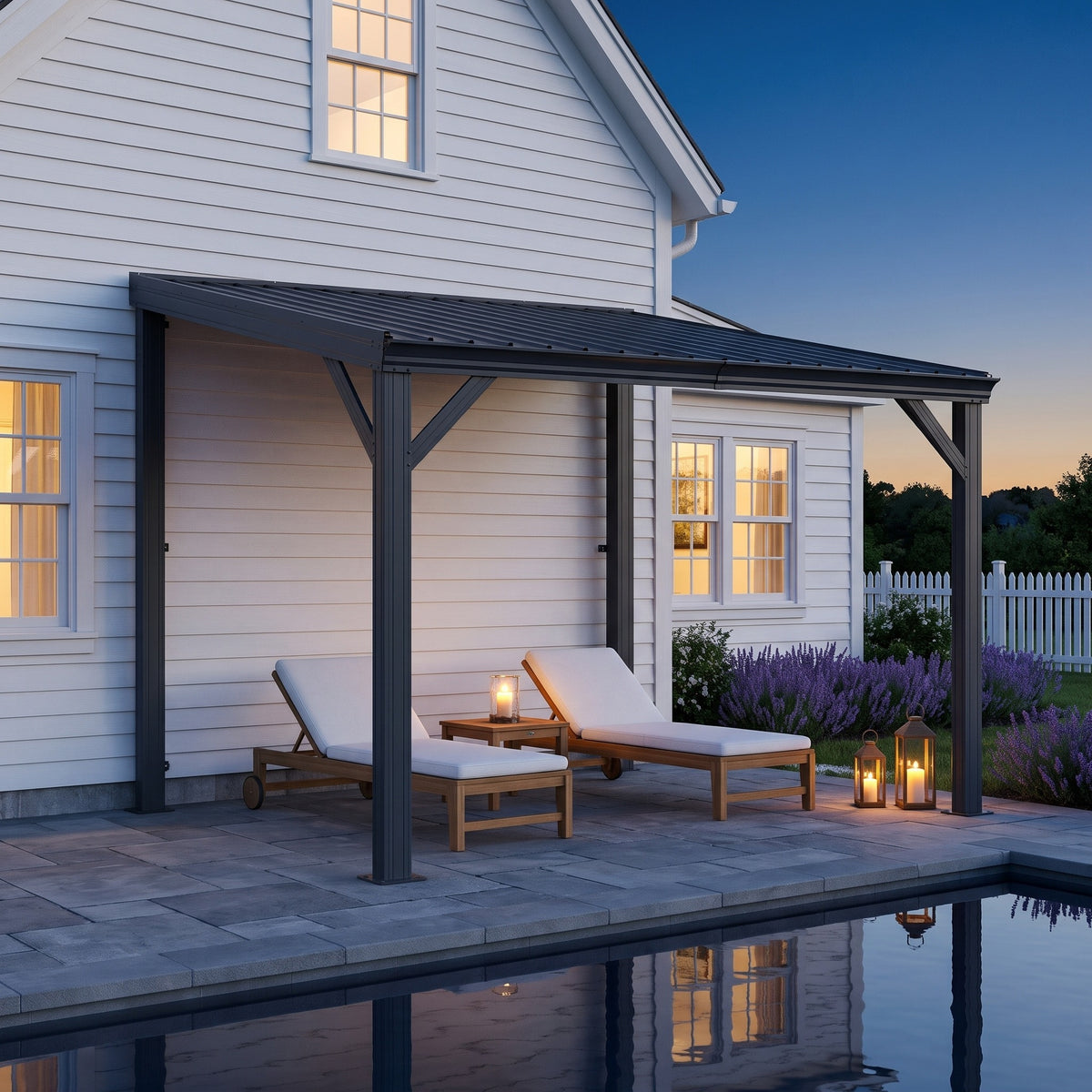 Gray metal lean-to hardtop gazebo against a white house over two loungers by a pool at dusk