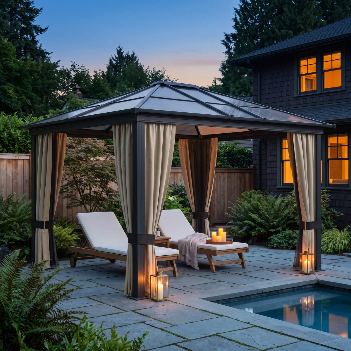Gray aluminum 10x12 hardtop gazebo with beige curtains over two loungers by a pool at dusk with lanterns