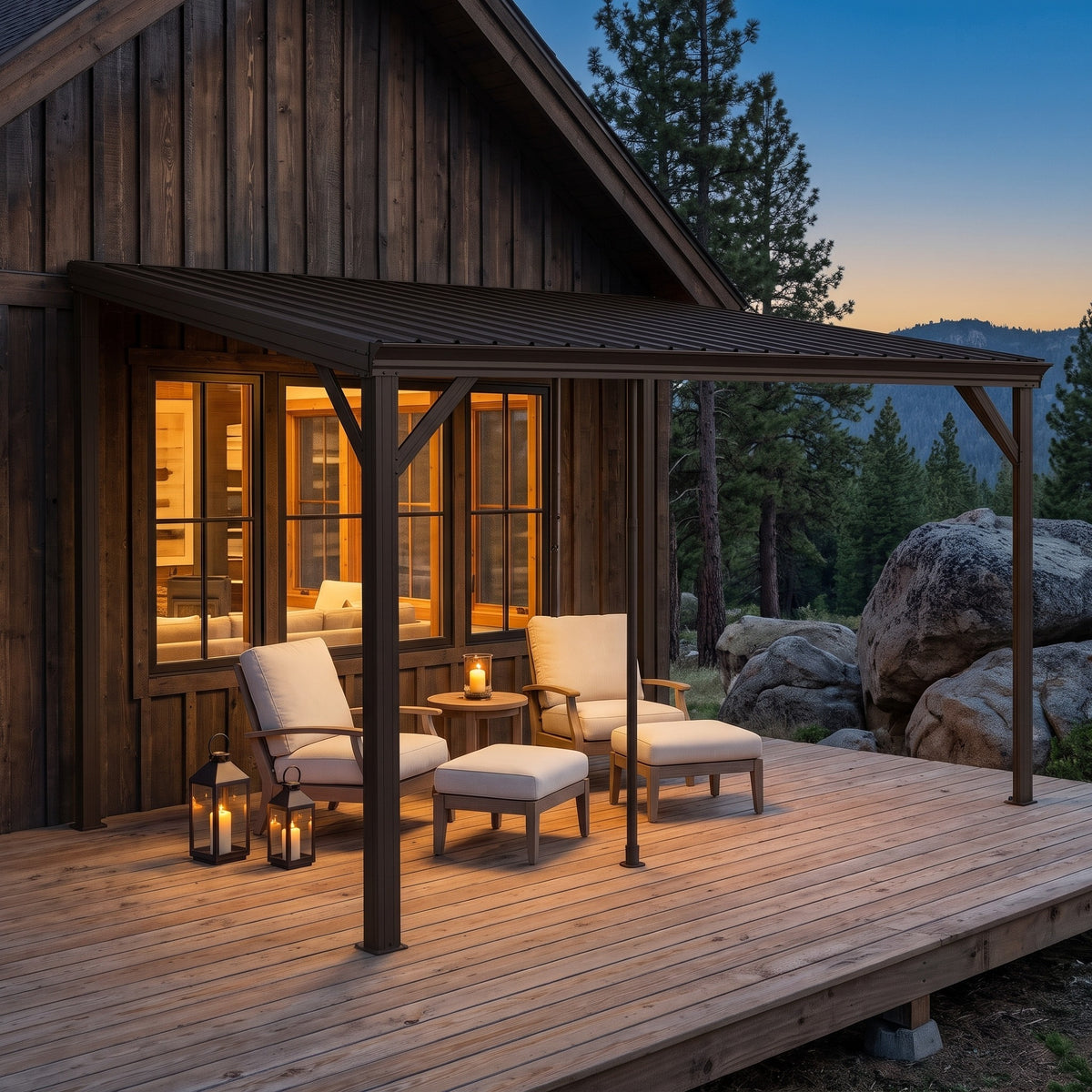 Brown metal lean-to hardtop gazebo on a cabin wall over a wood deck with lounge chairs and candle lanterns at dusk