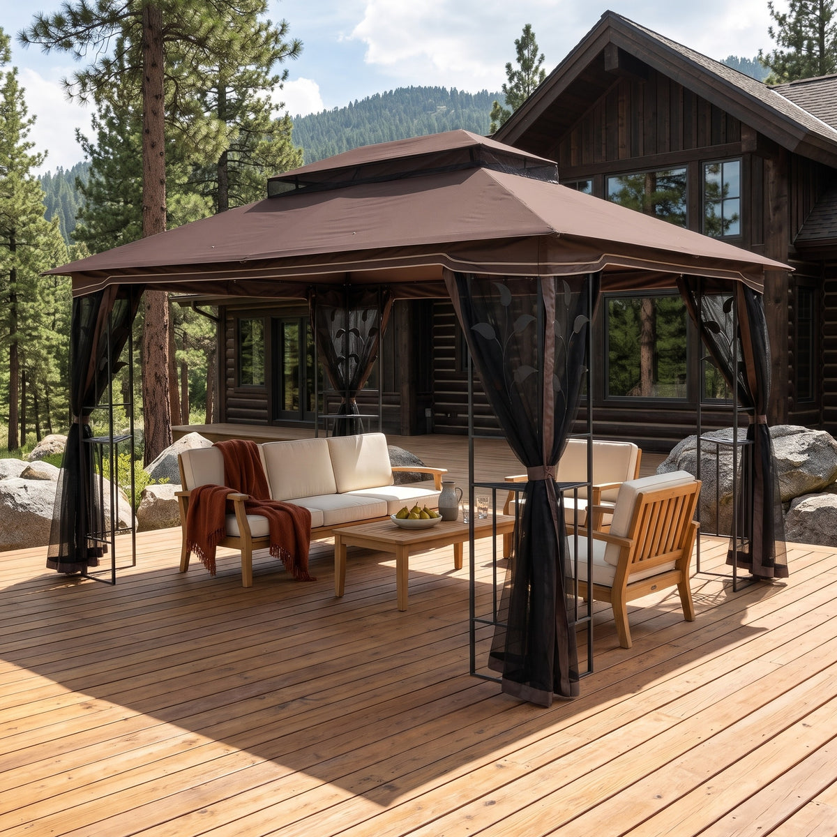 Brown double roof 10x13 gazebo with black netting tied back over a teak sofa set on a wood deck by a cabin