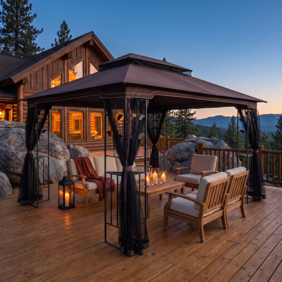 Brown double roof metal gazebo with black netting over a teak lounge set on a cabin deck at dusk with candles