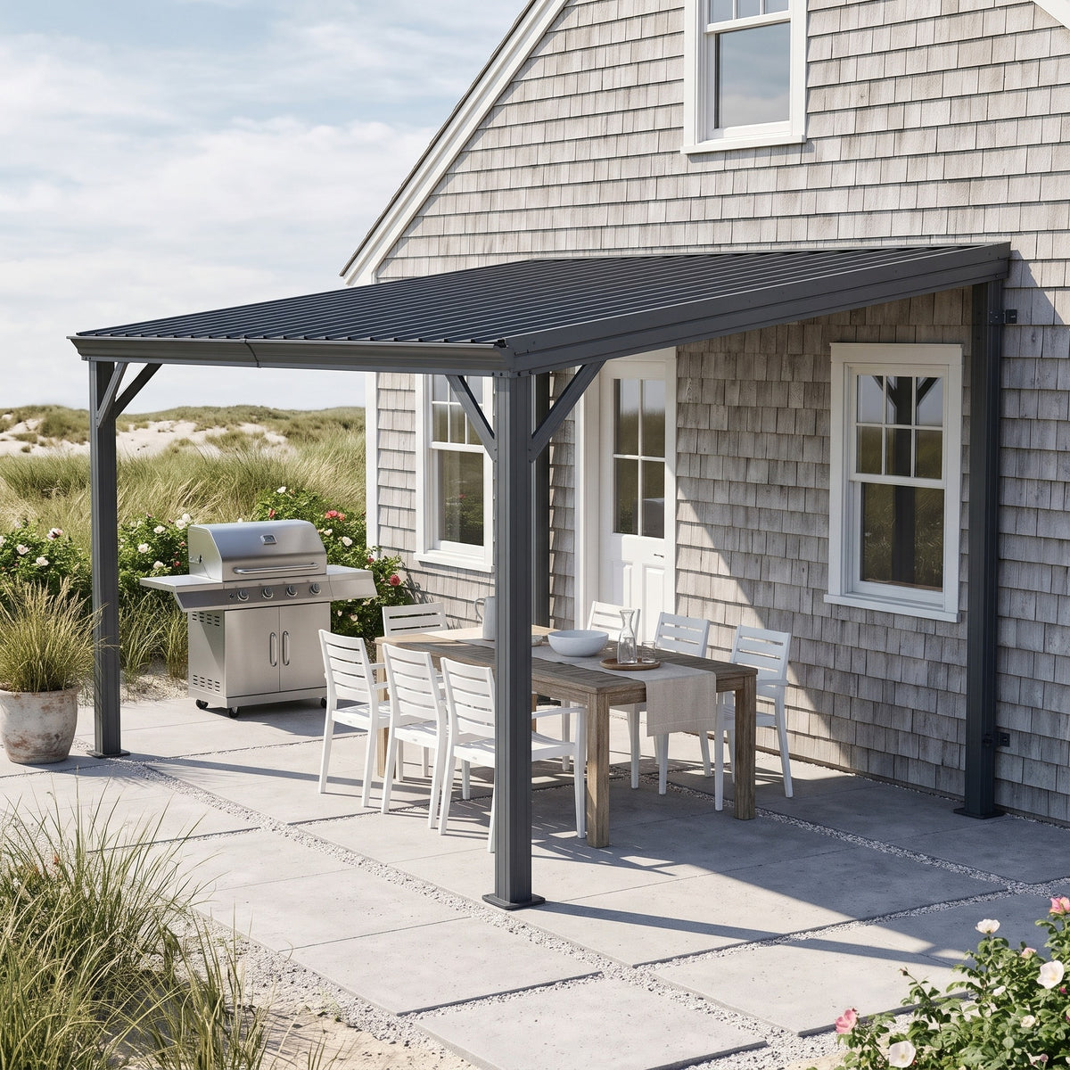 Gray metal lean-to hardtop gazebo on a shingled house wall over a dining table on a paver patio by the dunes