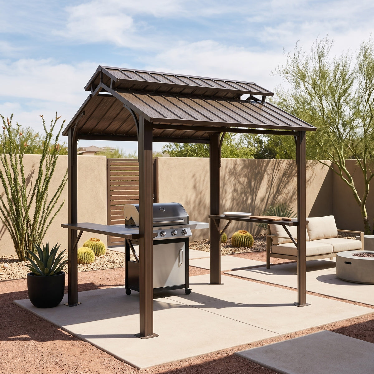 Brown metal double roof grill gazebo with side shelves over a gas grill on a concrete patio in a desert backyard