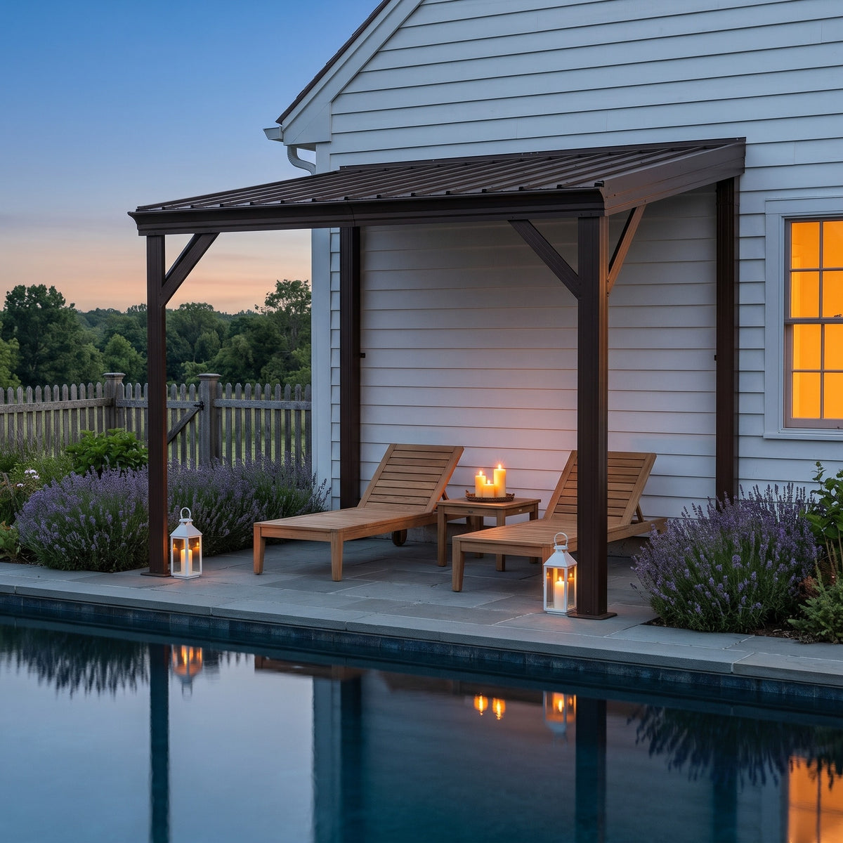 Brown metal lean-to hardtop gazebo on a house wall over two teak loungers by a pool at dusk with candle lanterns