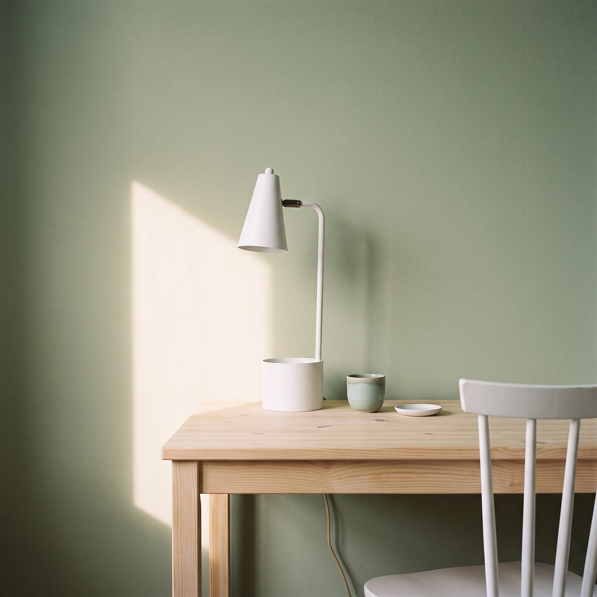 White metal task desk lamp with cone shade and cylinder base on a pine desk against a sage green wall