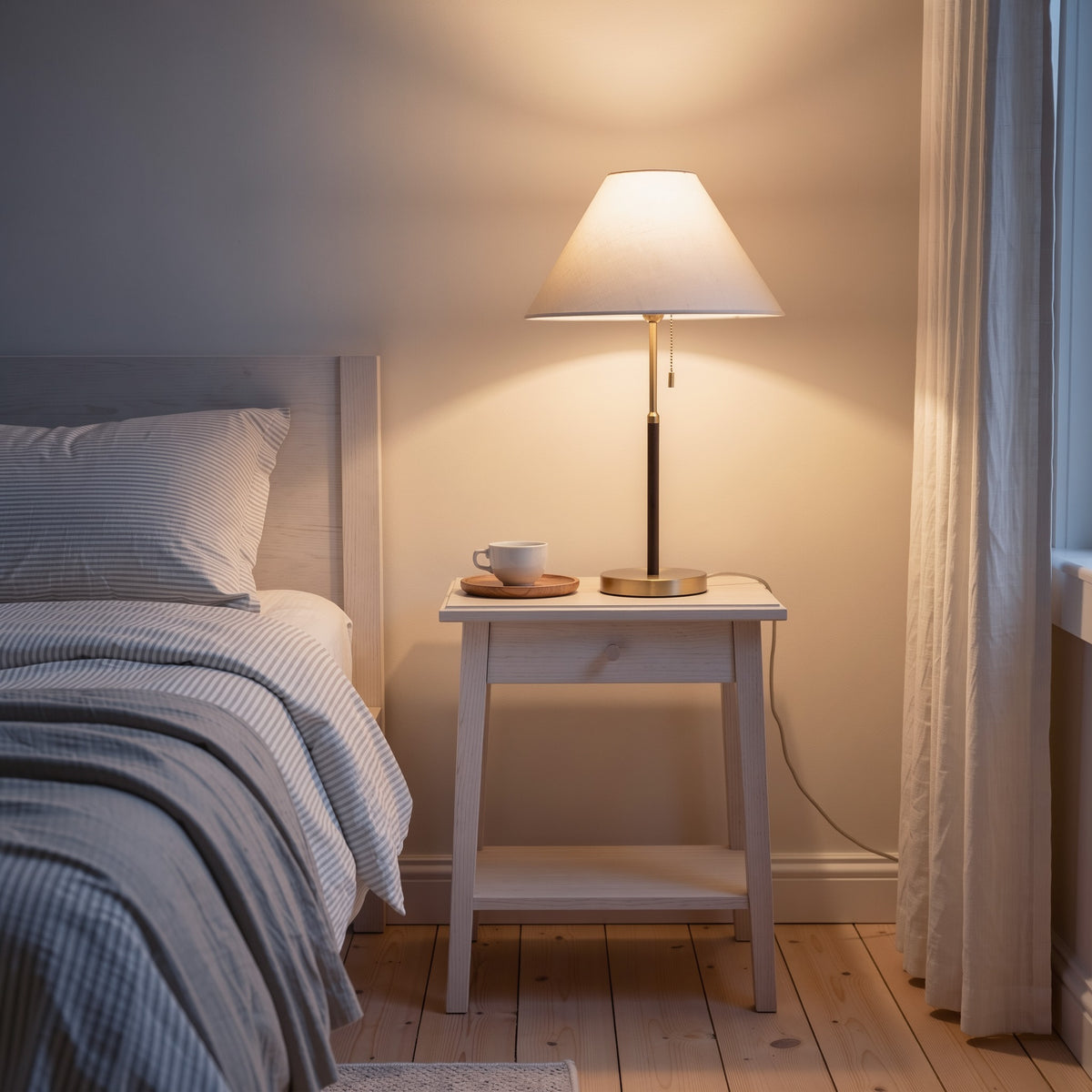 Table lamp with white fabric shade, gold and dark brown stem and gold base lit on a white nightstand by a bed