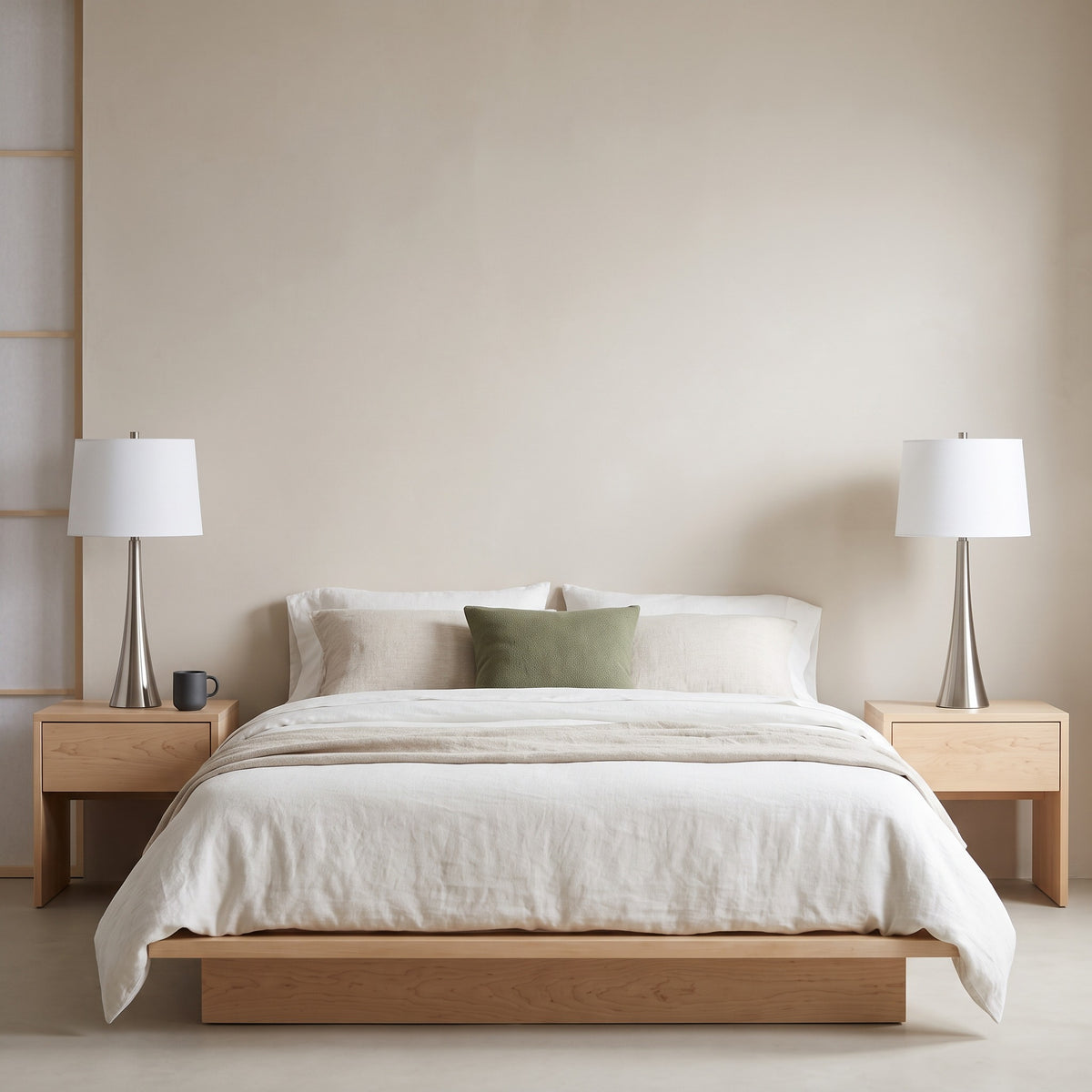 Two brushed nickel table lamps with white linen shades on light wood nightstands beside a bed with white linen bedding