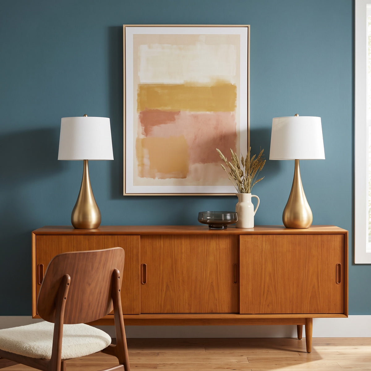 Two gold teardrop table lamps with white linen shades on a walnut credenza against a teal wall