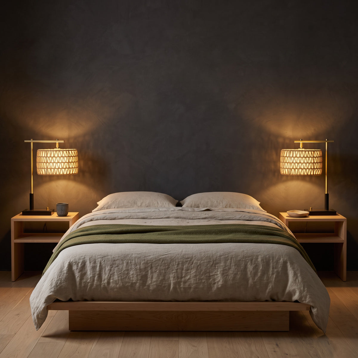 Pair of woven rope table lamps with gold arms and black bases lit on oak nightstands beside a linen bed