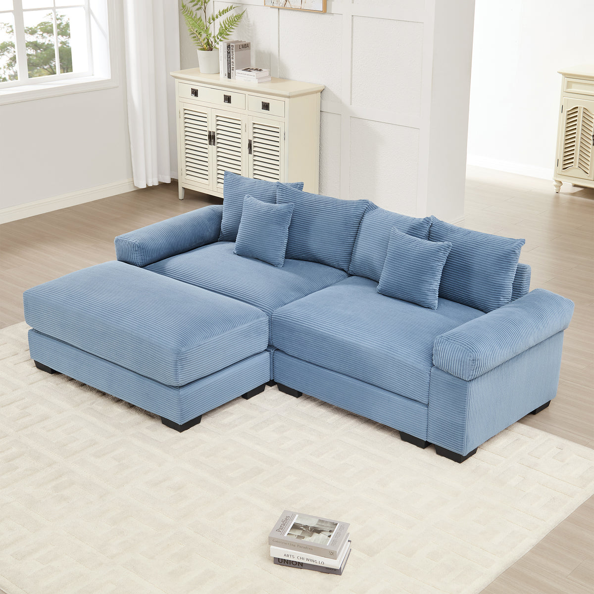 Blue Corduroy Modular Sectional with Ottoman, 82.6 in Wide