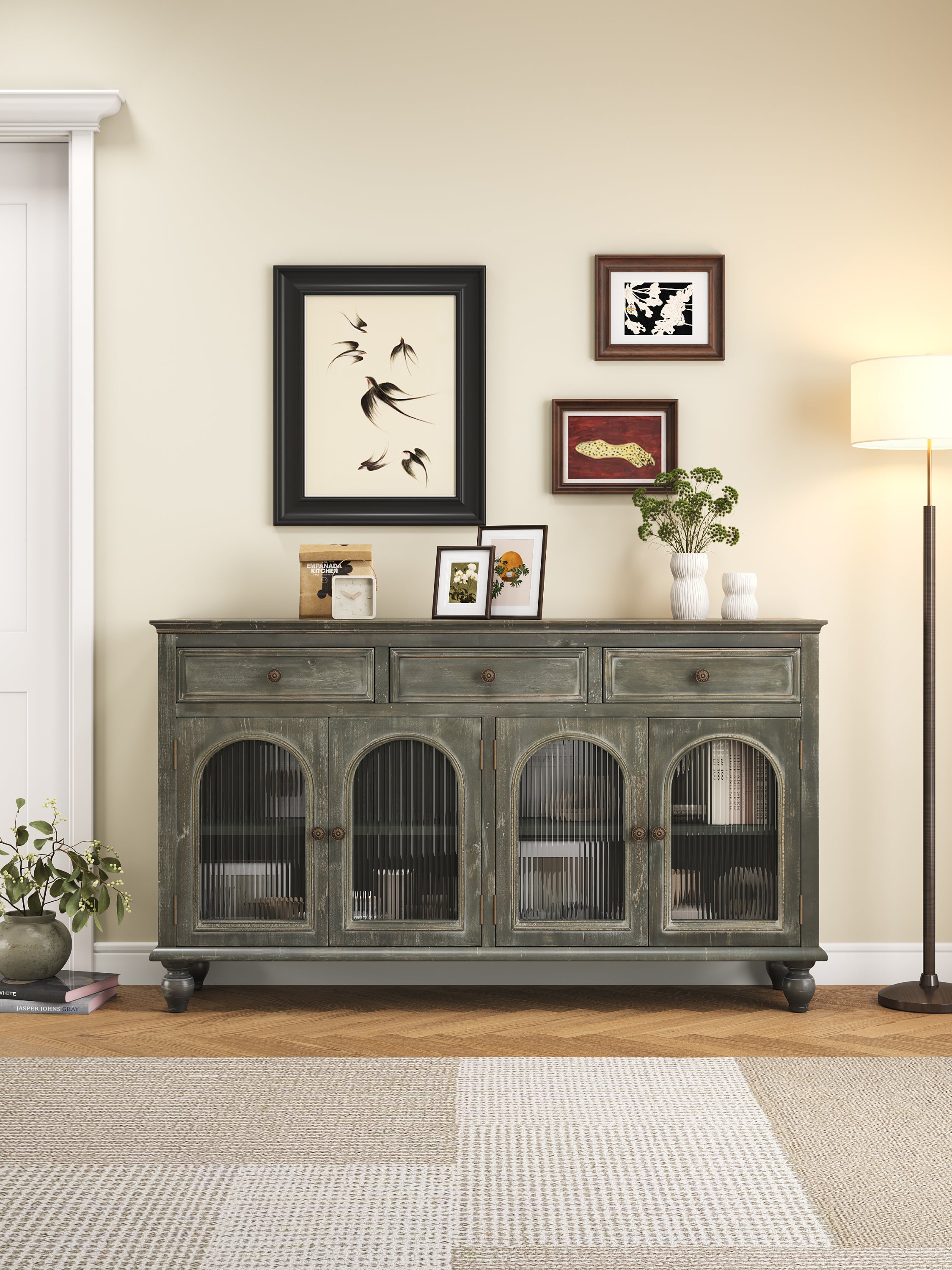 Gray Farmhouse Sideboard, 59 in, 3 Drawers, Glass Doors