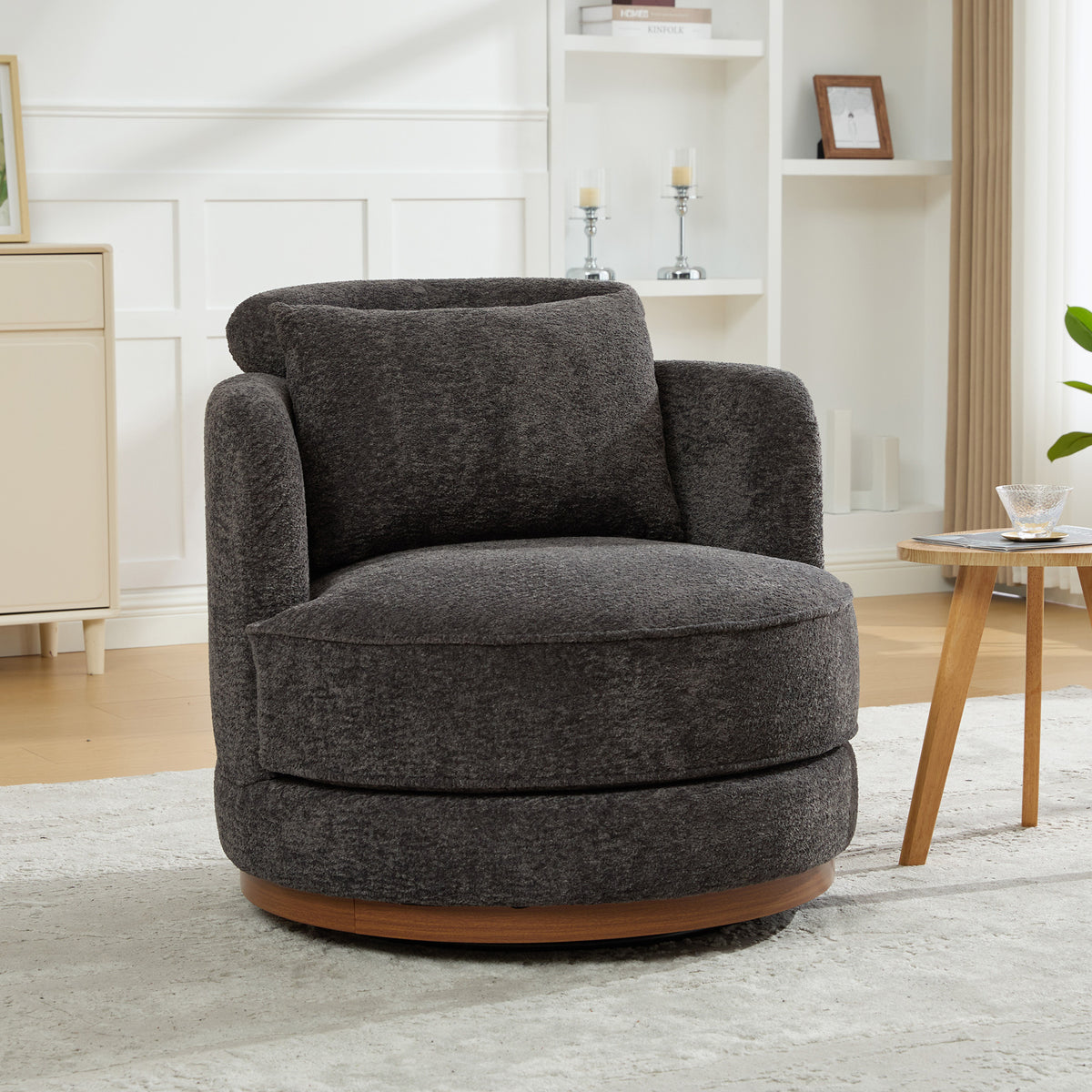 Charcoal Chenille Swivel Barrel Chair, 33.9 in Wide