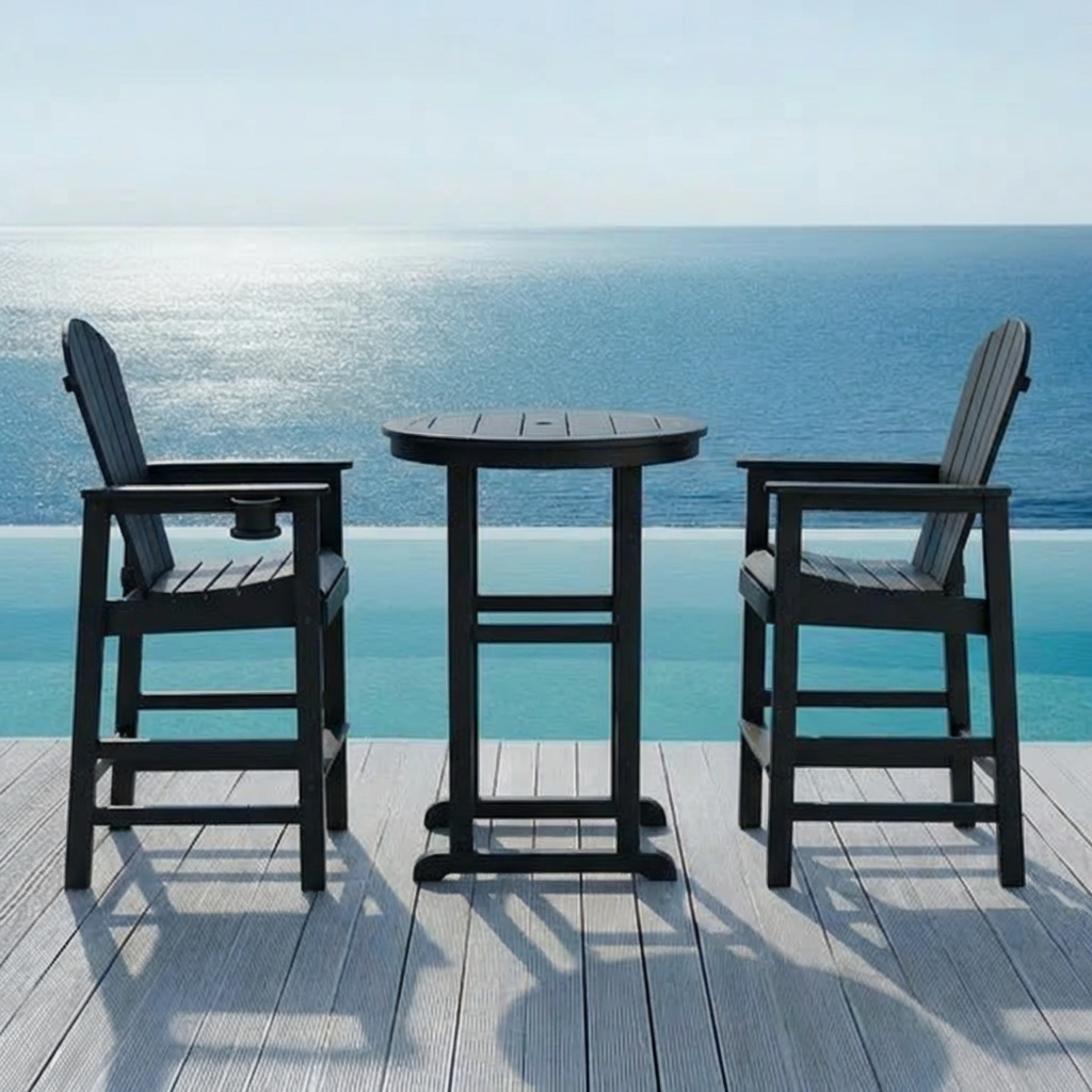 3-Piece Bar Height Bistro Set, Black HDPE Round Table with 2 Chairs