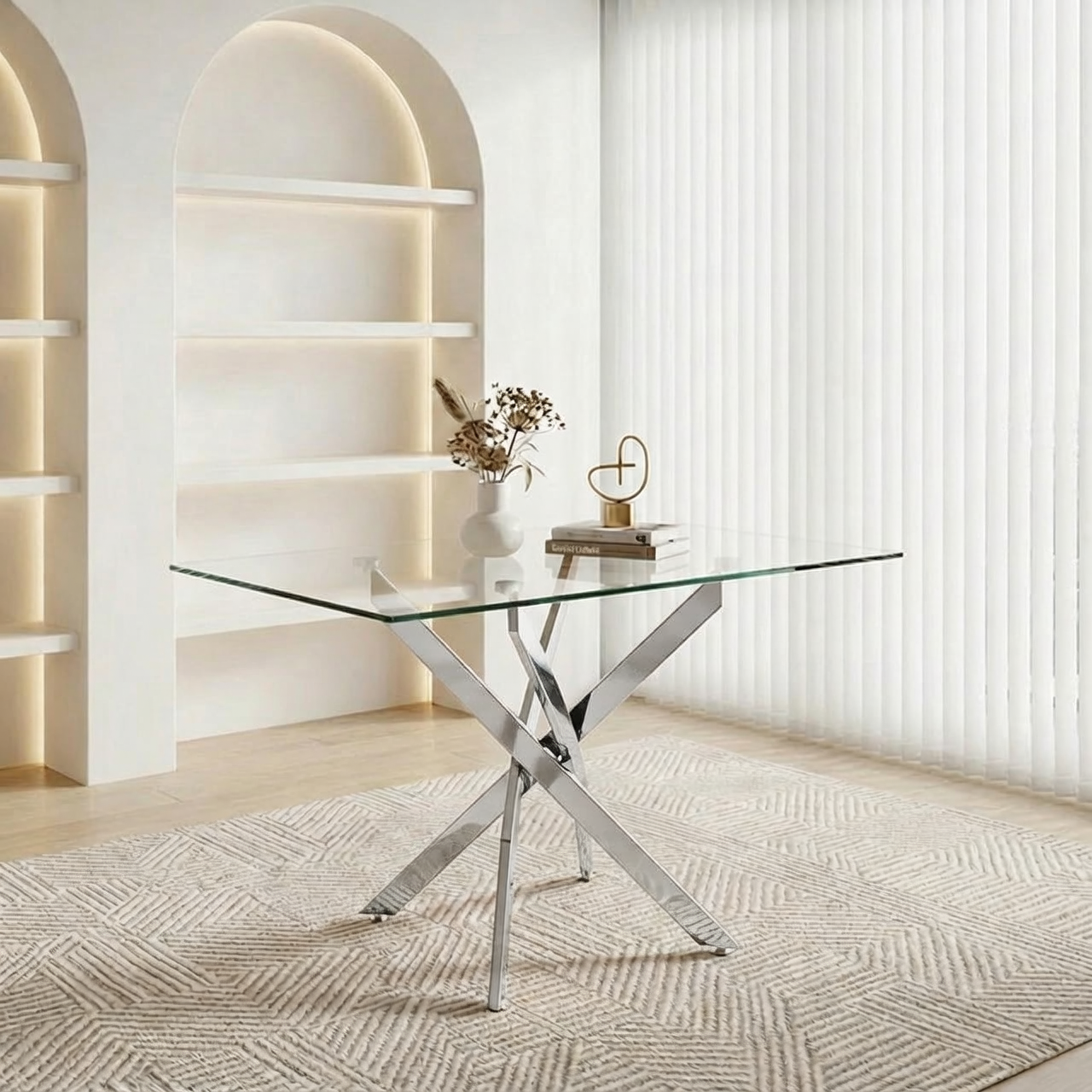 Styled room scene with the silver-leg glass dining table, vase and books by arched shelving