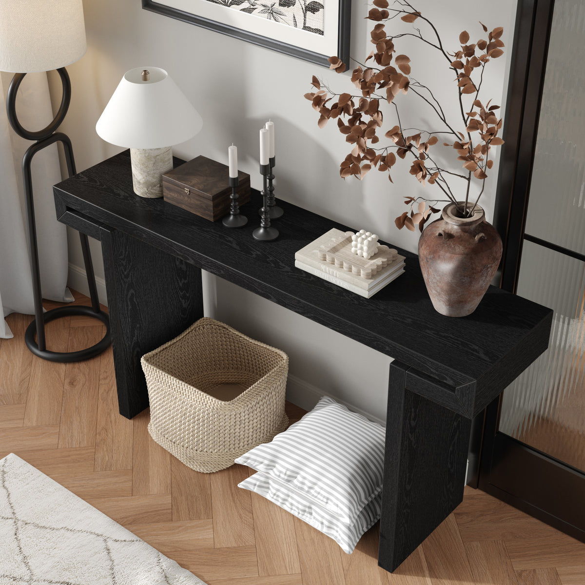 Black Entryway Console Table with Storage, 59.8 in Wide, Distressed