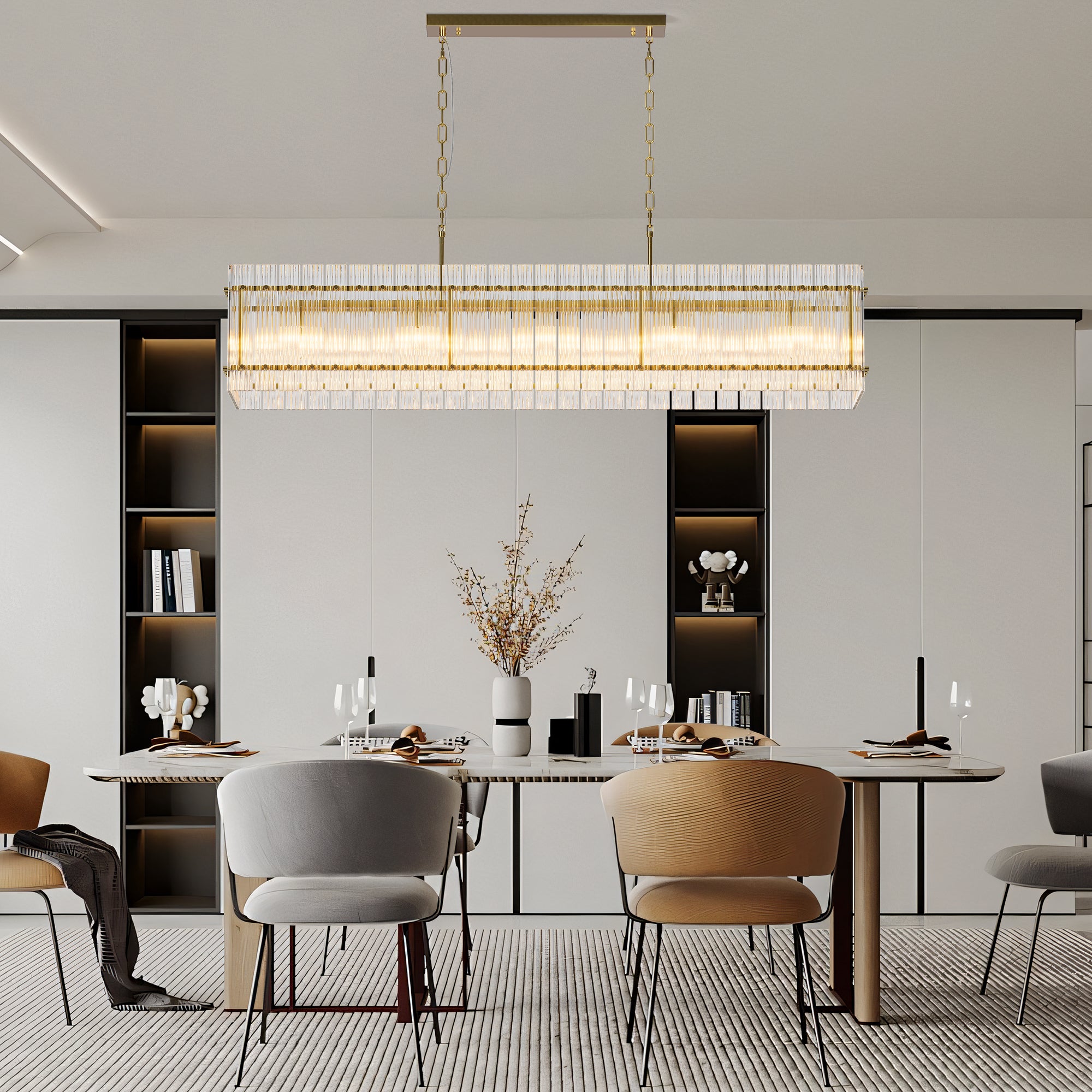 Rectangular Chandelier, 10-Light Glass Shades, Gold