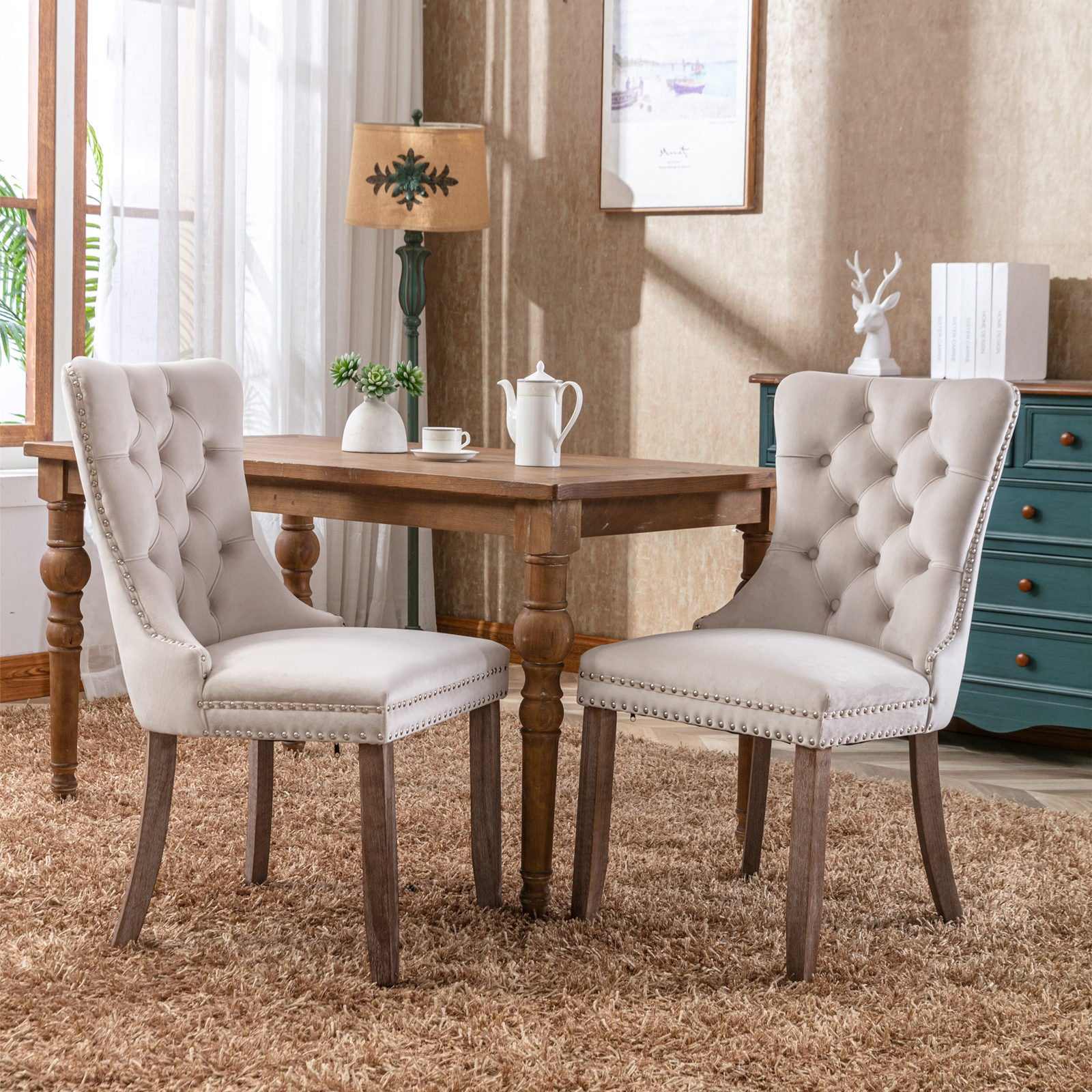 Velvet Dining Chairs, Set of 2 in Beige, Tufted with Nailhead Trim