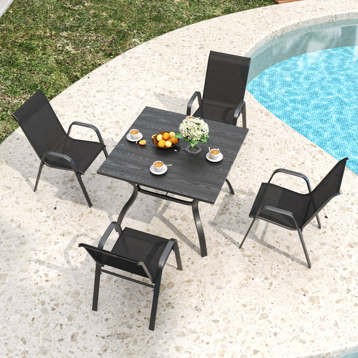 Black Metal 5-Piece Patio Dining Set for 4 with Umbrella Hole
