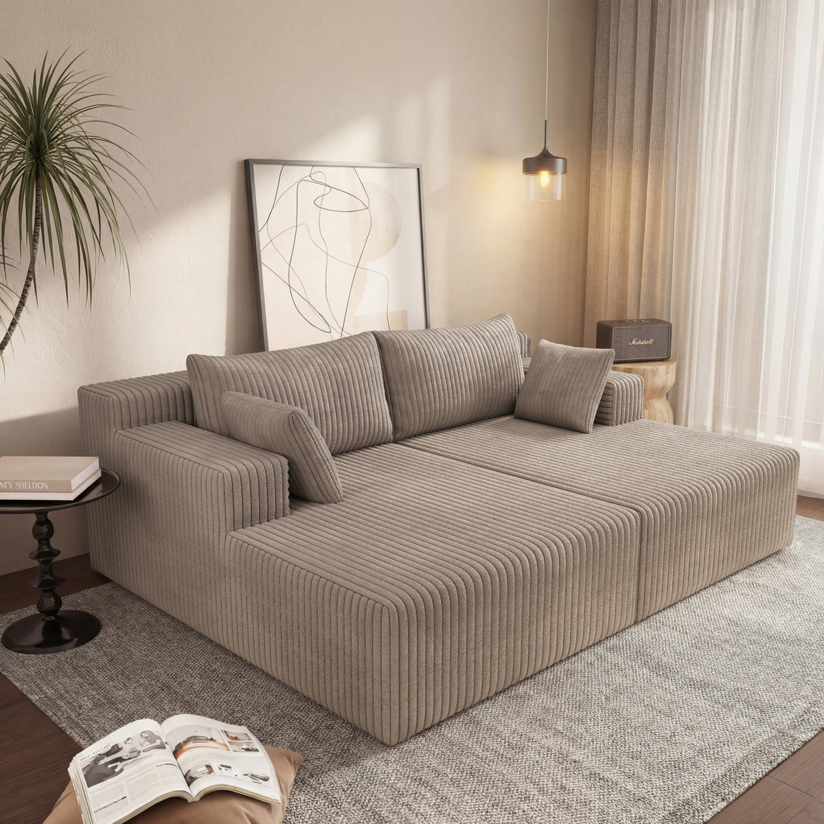 Camel Corduroy Modular Sectional Couch with Chaise, 96 in Wide
