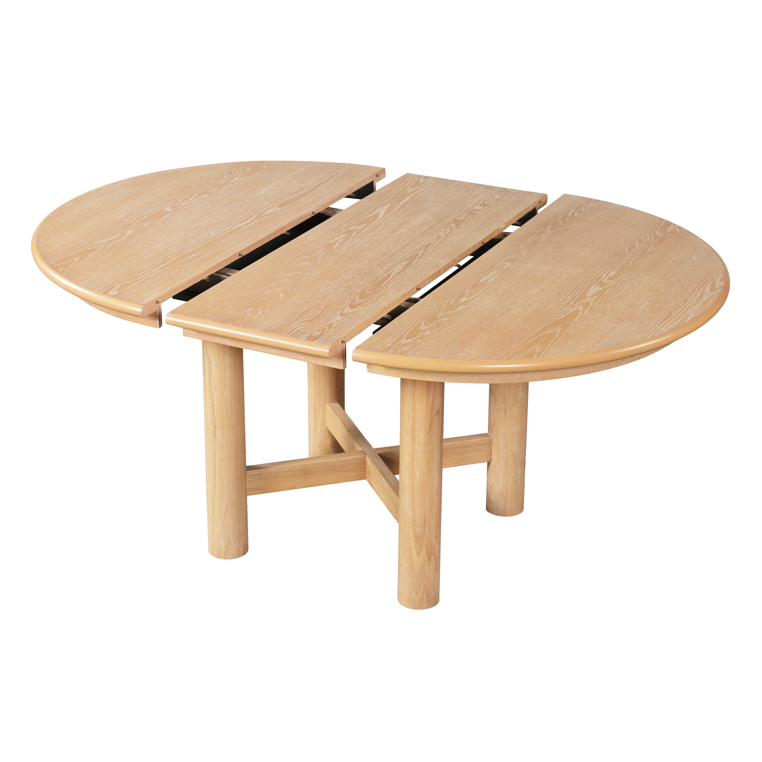 Studio view of the table split apart showing two half-round ends and the removable center leaf