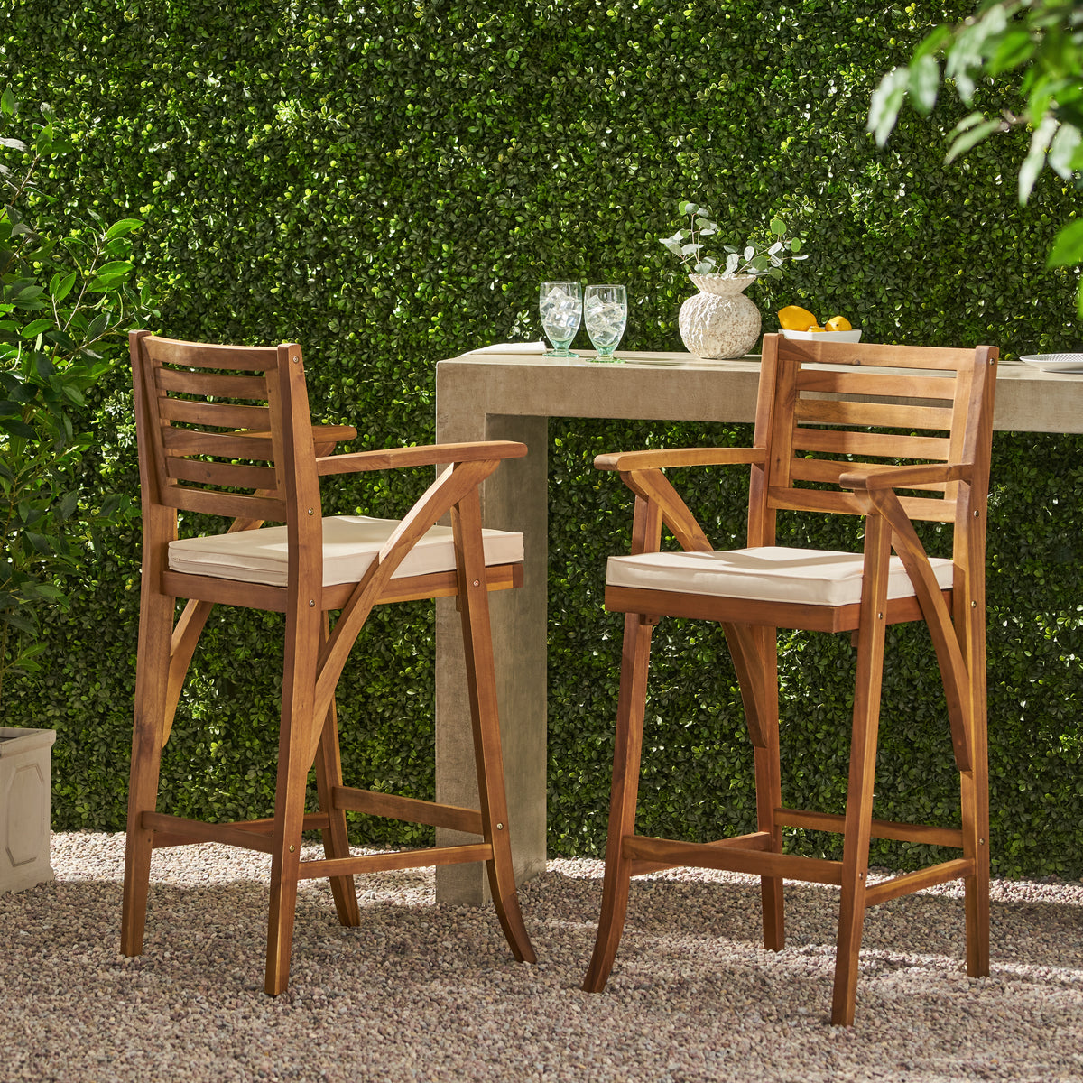 Teak Finish Solid Wood Outdoor Bar Stool with Cushions, Set of 2, 45.8 in Tall