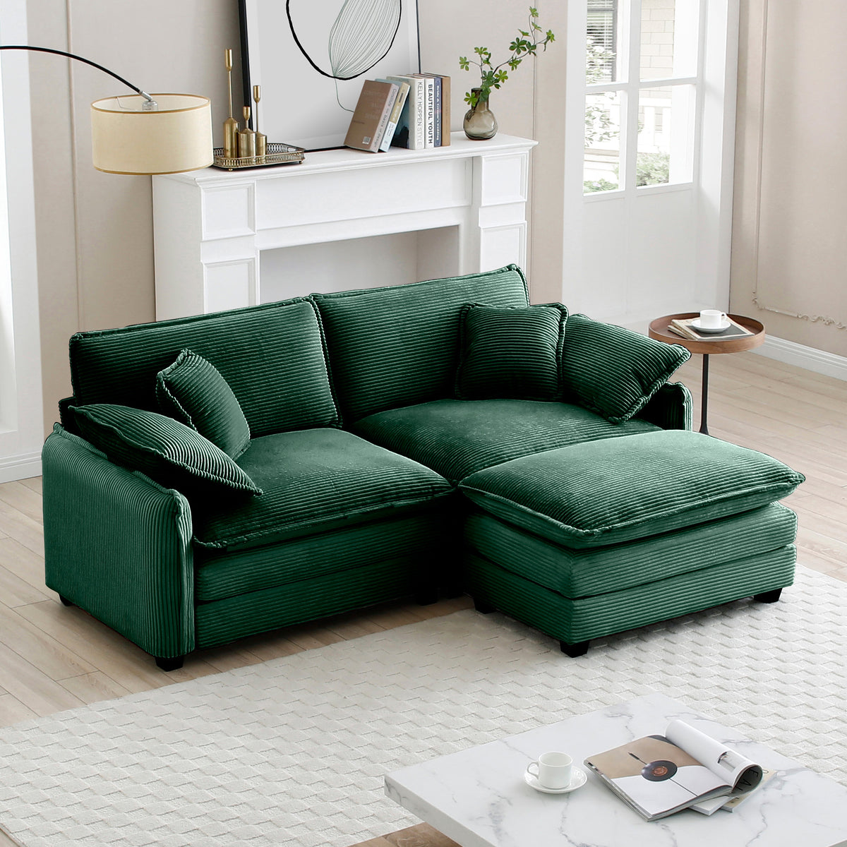 Green Corduroy L-Shaped Sectional Couch with Ottoman