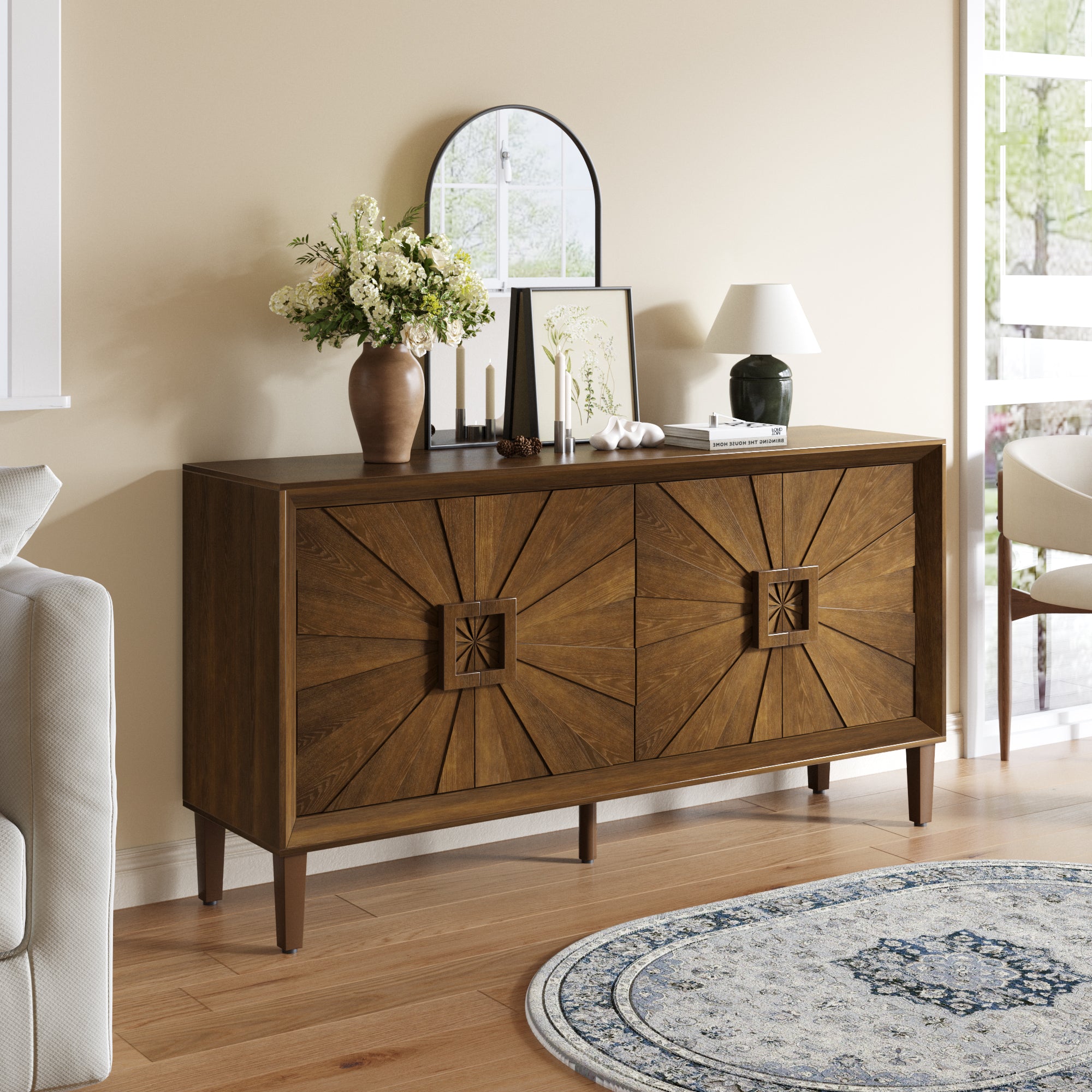 Rustic Farmhouse Sideboard, Antique Brown 60'' Sunburst 2-Door