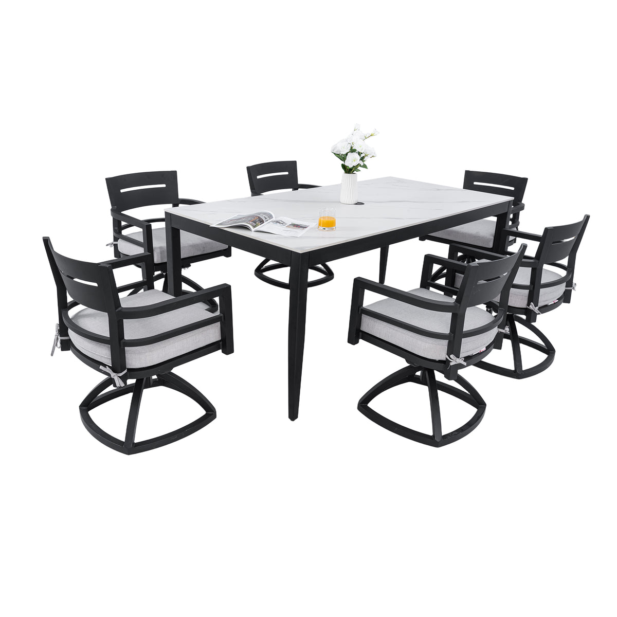 Black Aluminum 7-Piece Patio Dining Set for 6 with Cushions