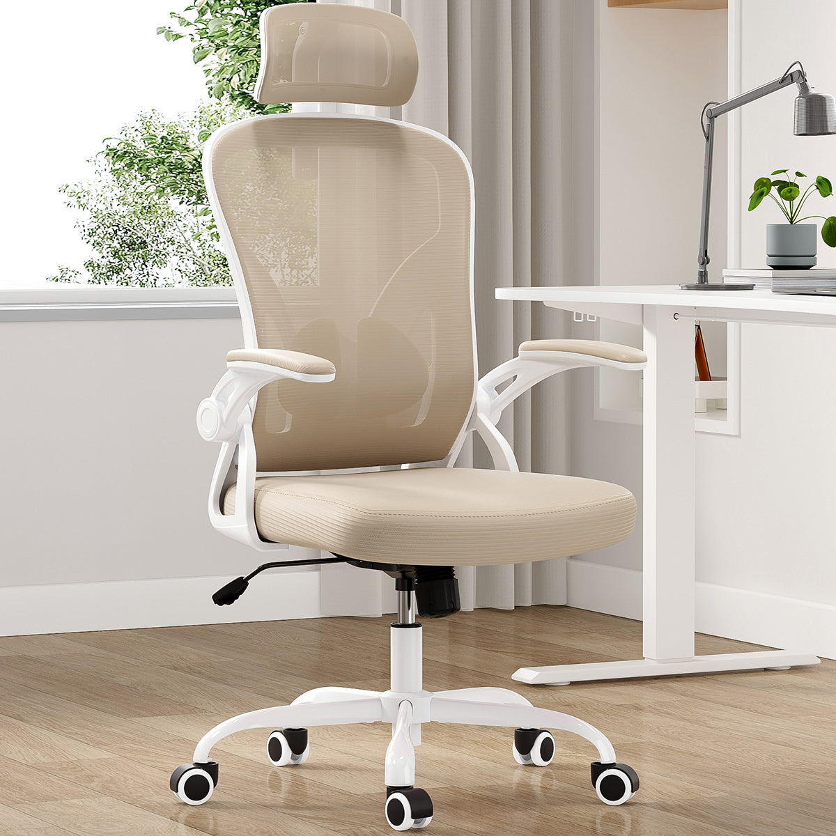 Lumbar Support Ergonomic Office Chair, 23.4 in, White, 56.69 in Tall