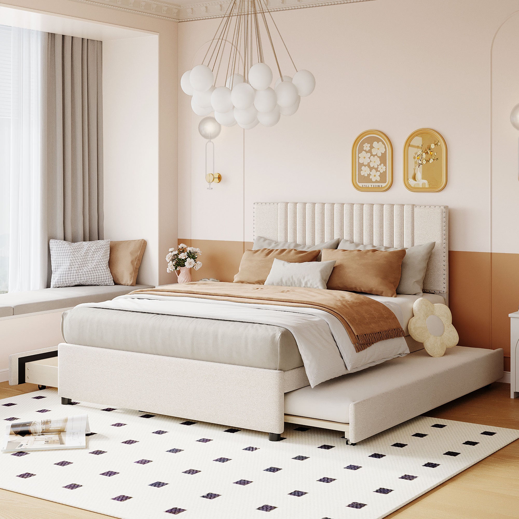 Full Upholstered Bed with Twin Trundle and 2 Drawers, Beige