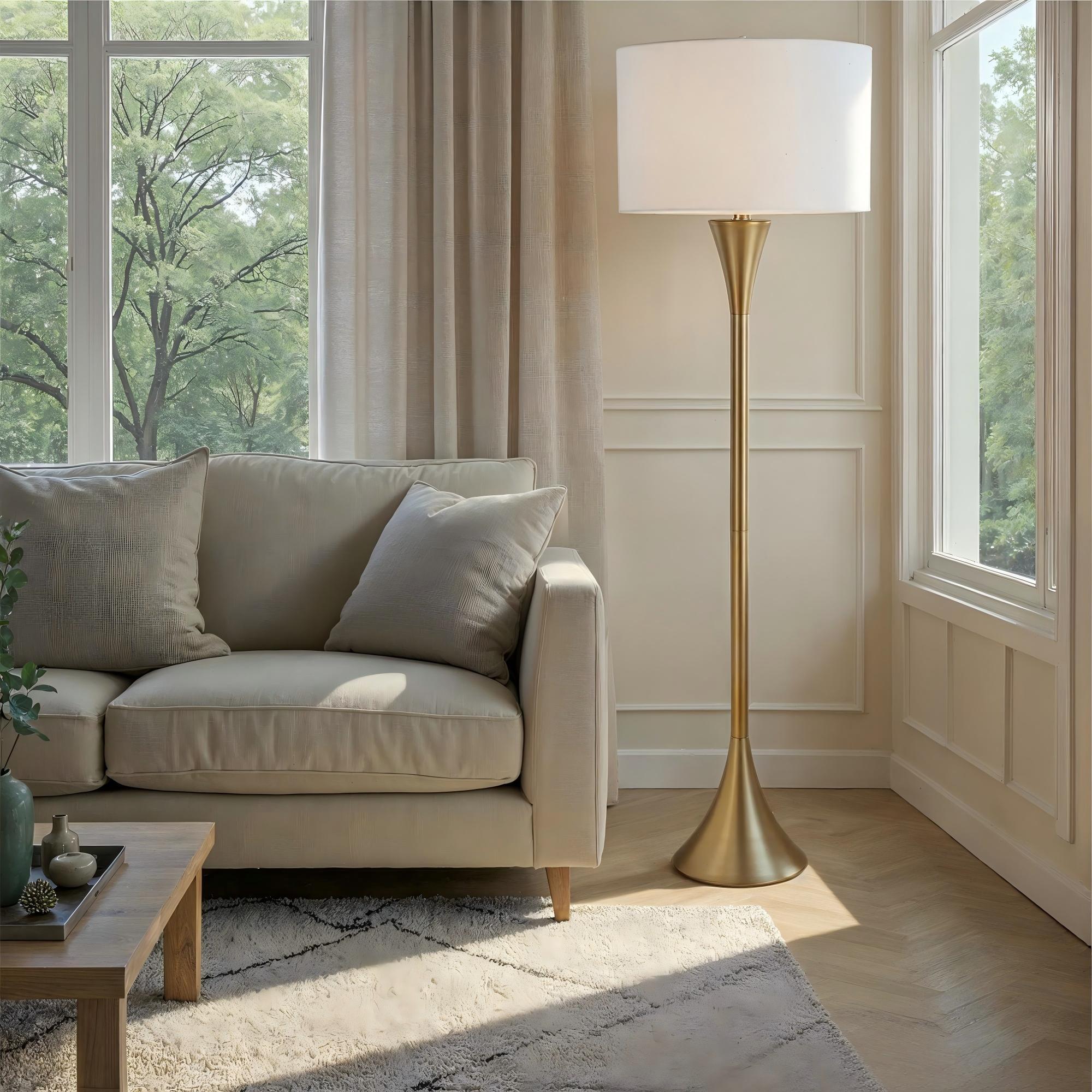Floor Lamp with White Linen Shade, Tall Gold Finish