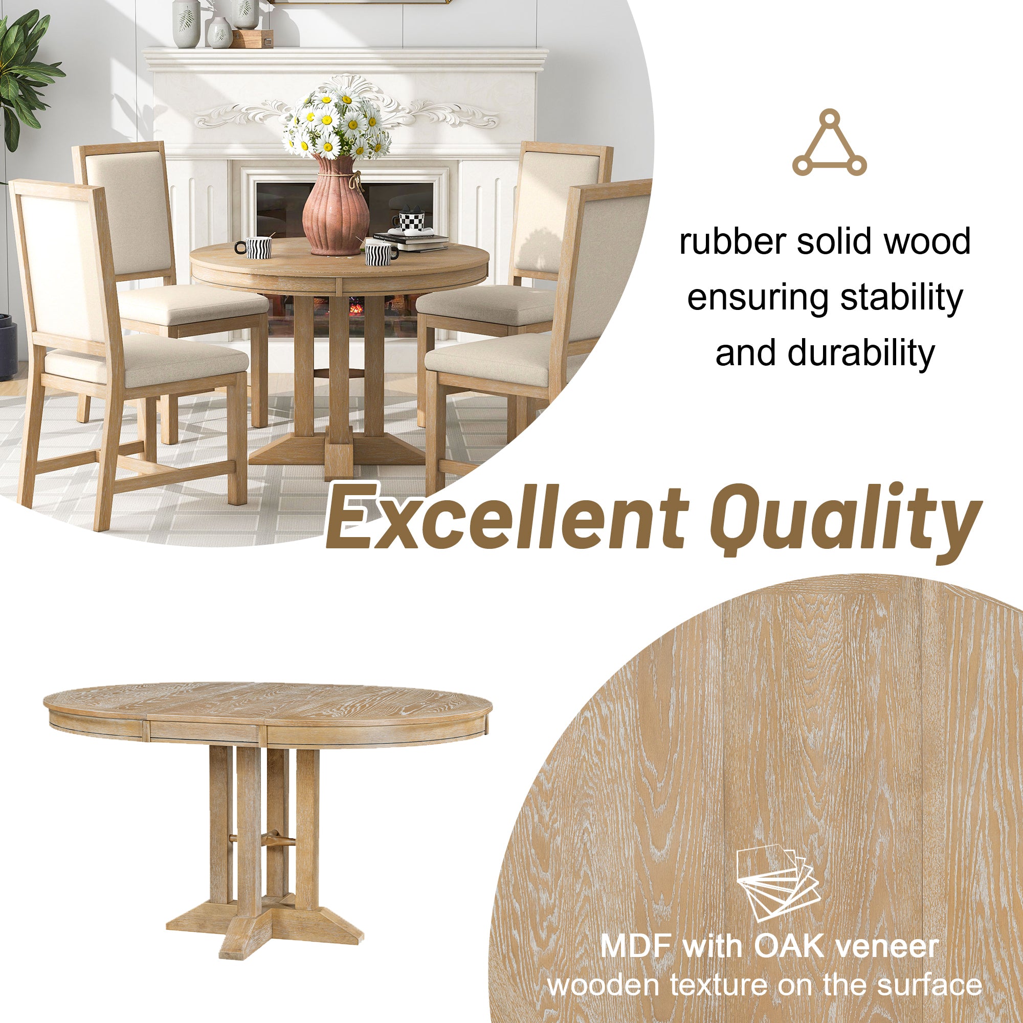 Feature graphic noting a rubber solid wood base and MDF top with oak veneer