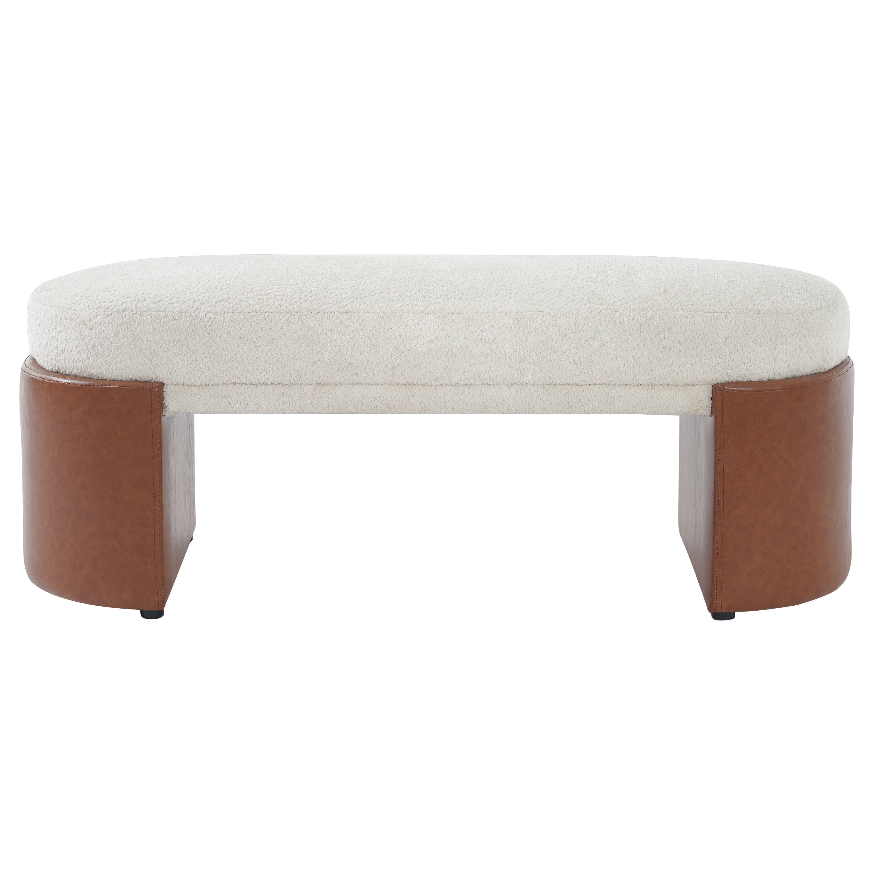 Boucle Dining Bench 48 Inch, Cream Seat with Brown Vegan Leather Legs
